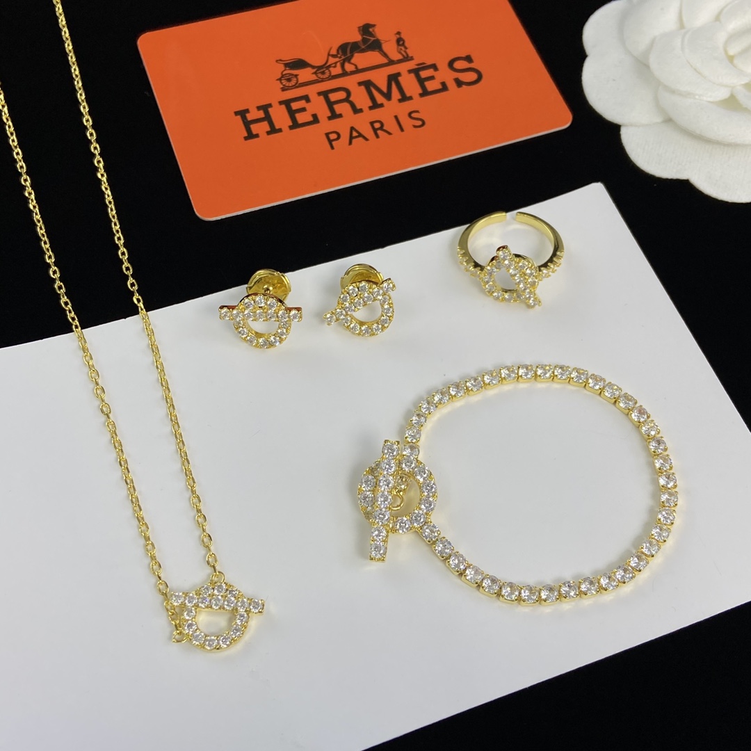 [TOP] HERMES Necklace Earrings Bracelet Ring Set - Gold