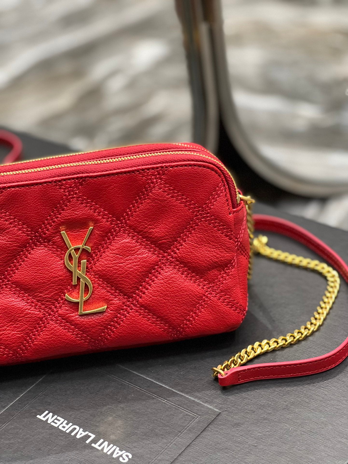 [TOP] Yves Saint Laurent YSL Beckly Double Zip Pouch Bag - Red GHW