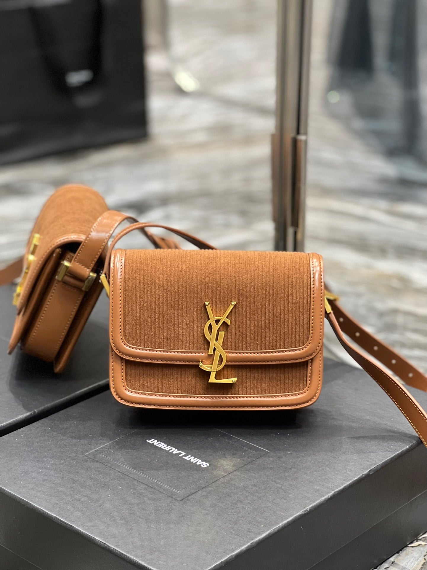[TOP] Yves Saint Laurent YSL Solferino Corduroy Small Bag - Brown