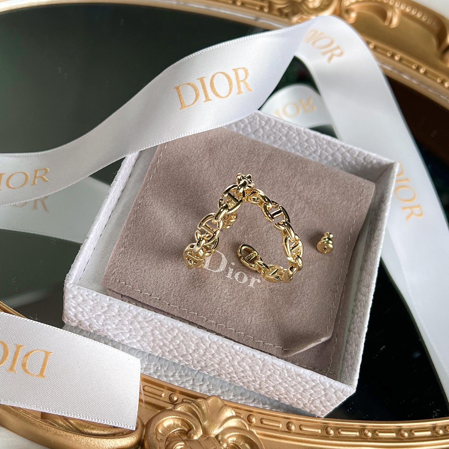 [TOP] Christian Dior Navy Hoops Earrings - Gold