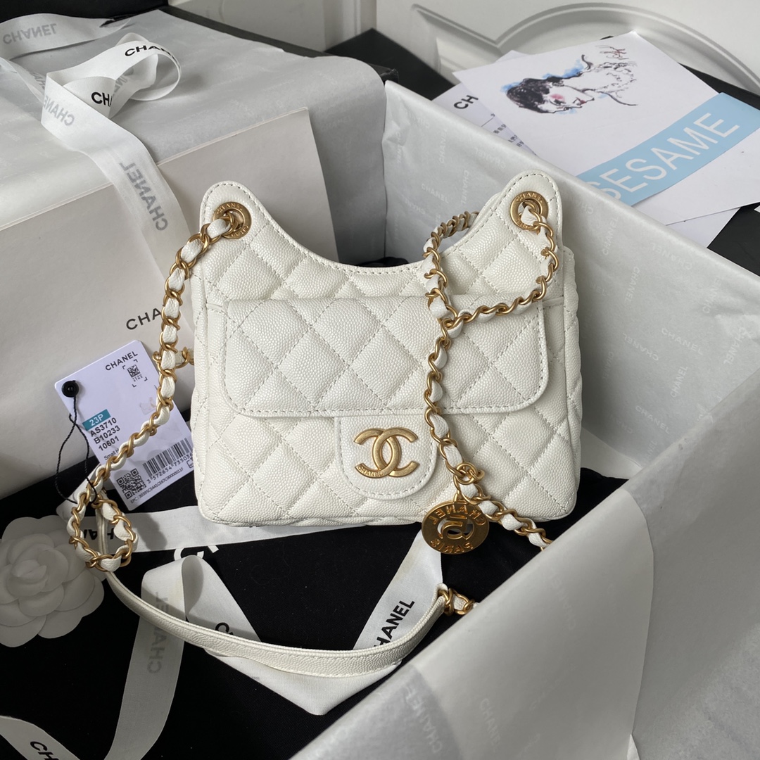[TOP] CHANEL Hobo Bag 17×19×6cm/21.5×22.5×7cm - GHW - White