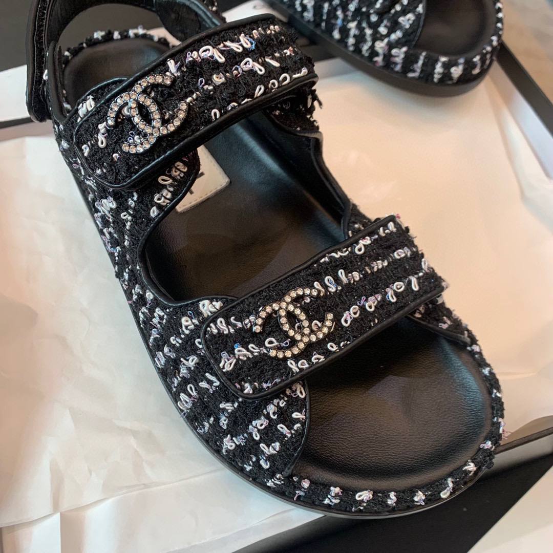 [TOP] CHANEL Dad Sandals Tweed  Stones Double C - Black and White