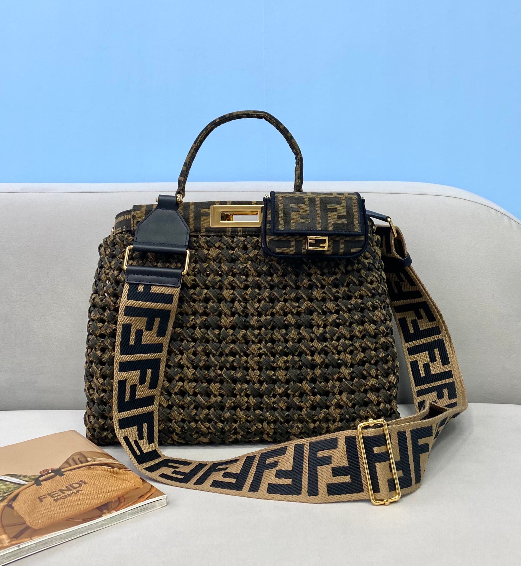 [TOP] FENDI FENDI Jacquard Interlace Peekaboo Mini Bag - Brown