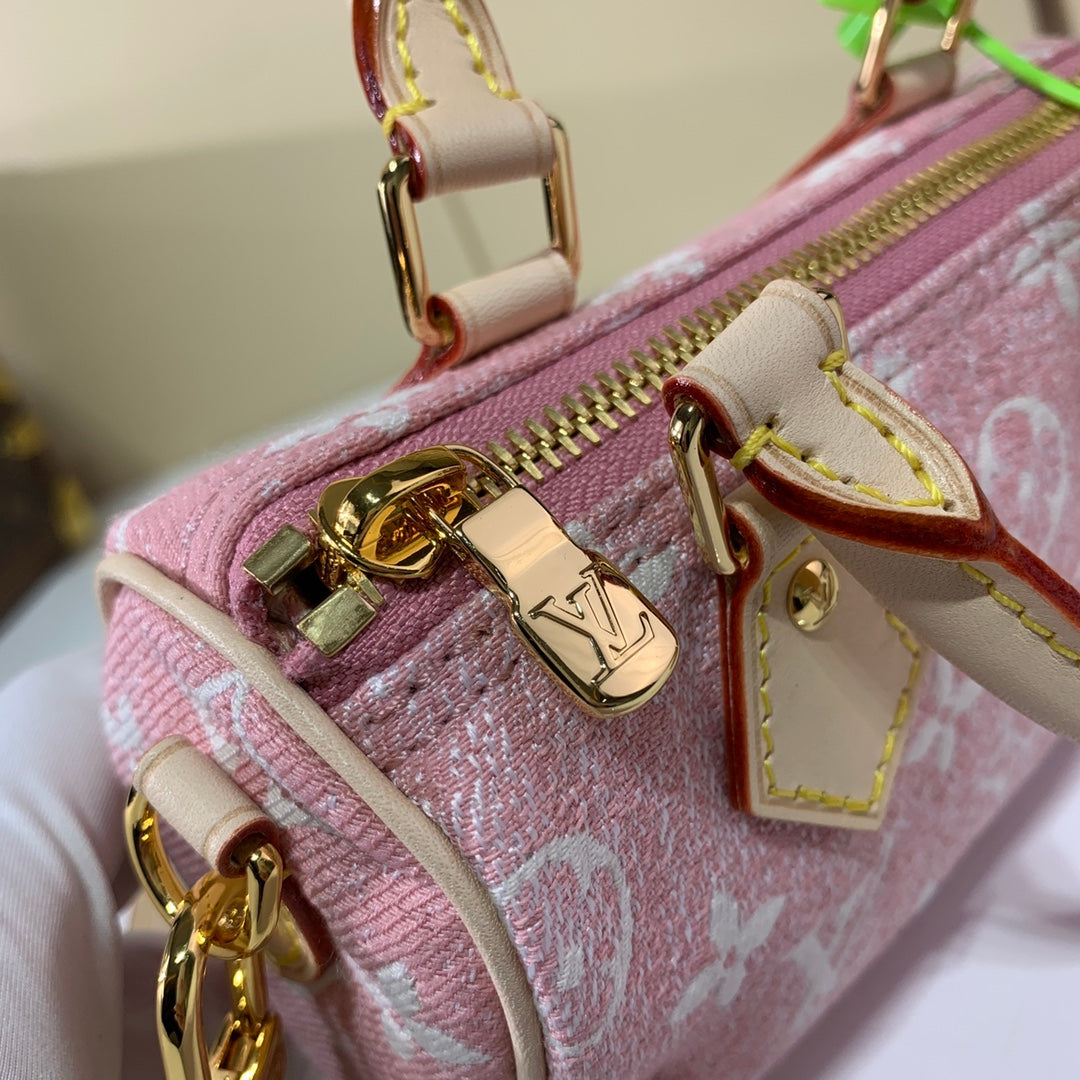 [TOP] Louis Vuitton LV  Denim Monogram Speedy 20 Bag 20x13.5x12cm  - Pink