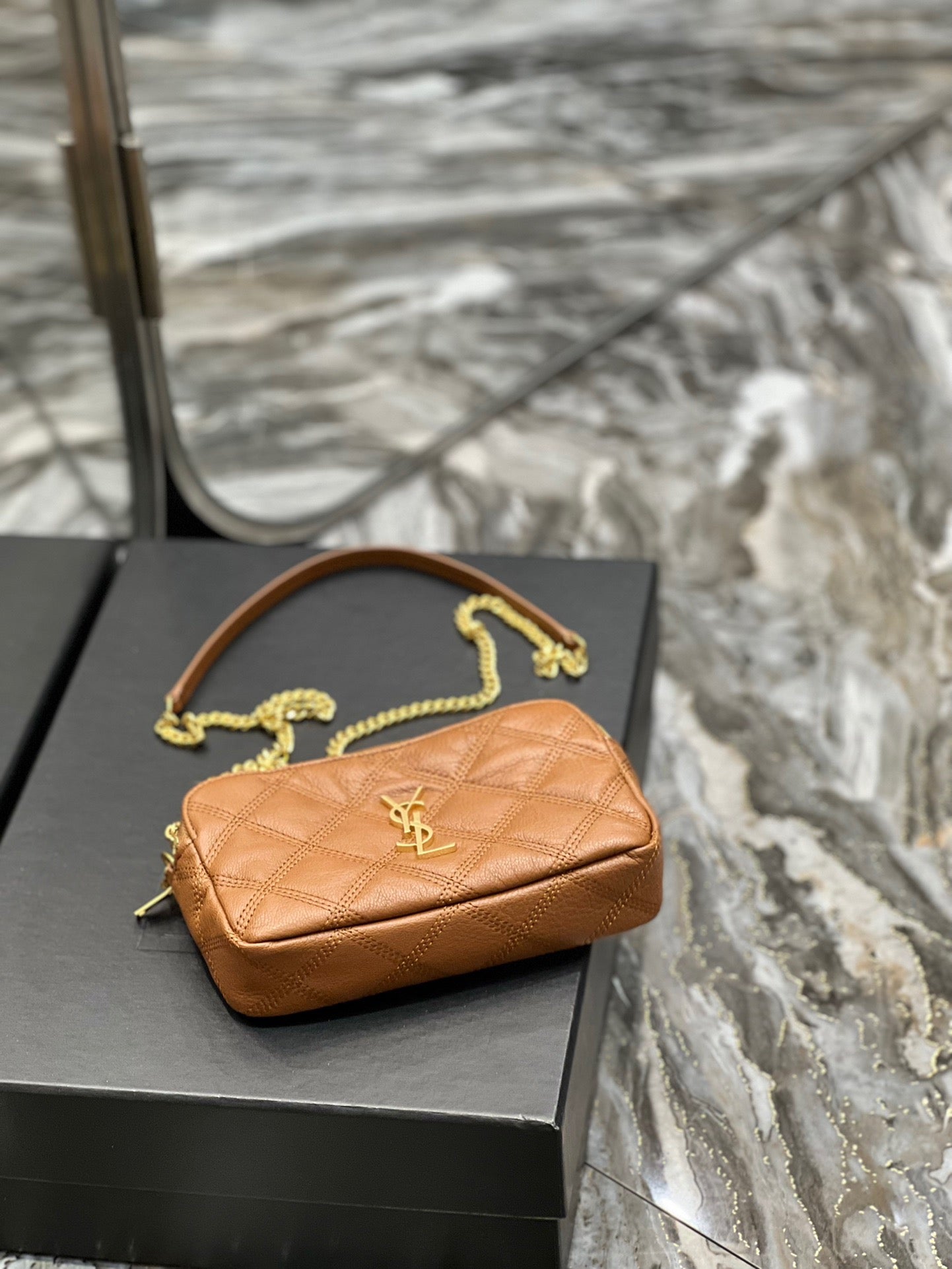 [TOP] Yves Saint Laurent YSL Beckly Double Zip Pouch Bag - Brown