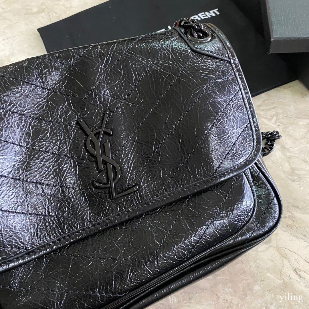 [TOP] Yves Saint Laurent YSL Medium Niki Wrinkles Leather Bag - Black on Black