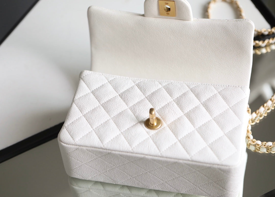 [TOP] CHANEL Classic Flap Bag Caviar Top Handle Mini 20CM - White & GHW