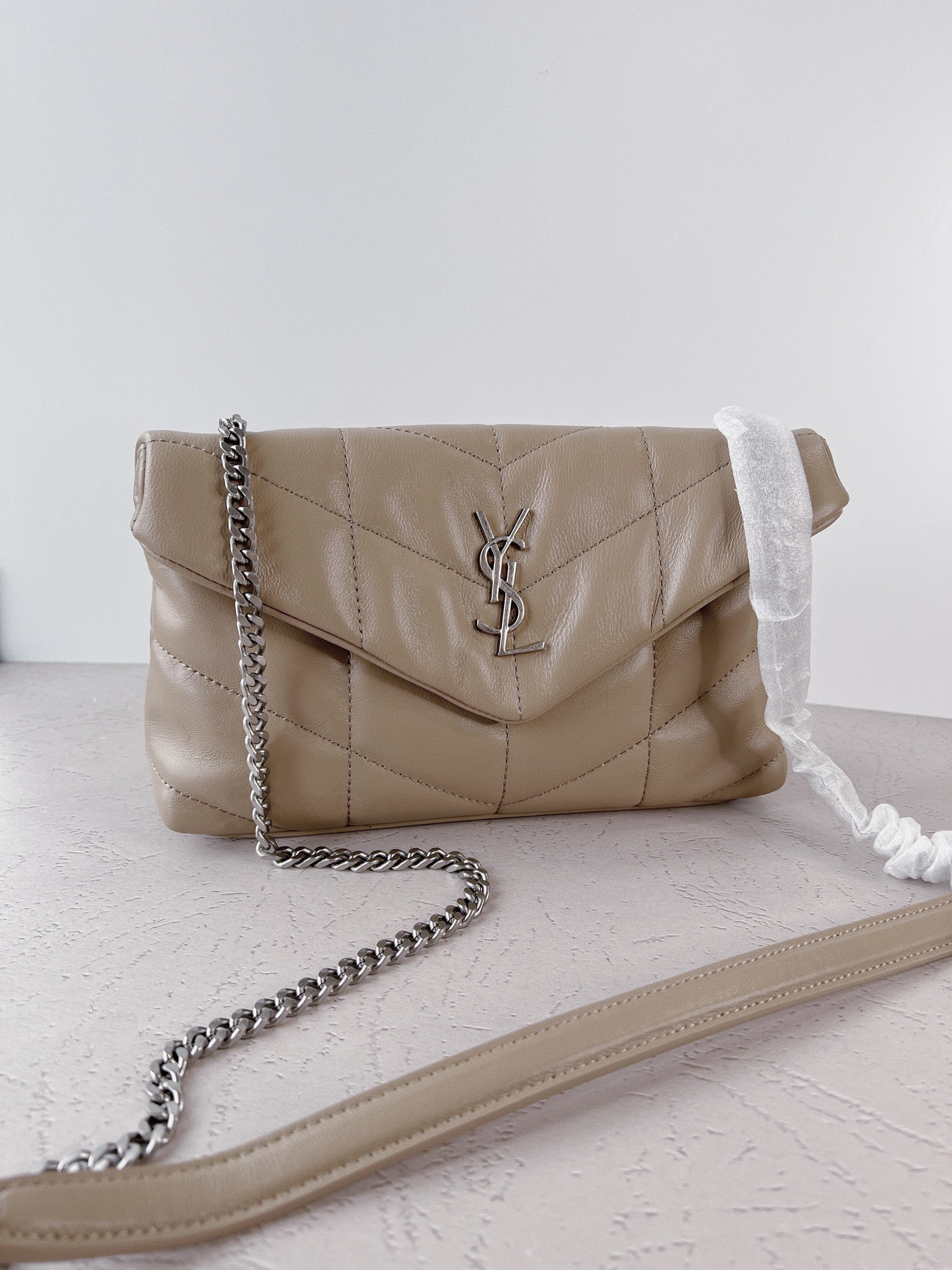 [TOP] Yves Saint Laurent YSL Loulou Puffer Mini Bag - Beige w SHW