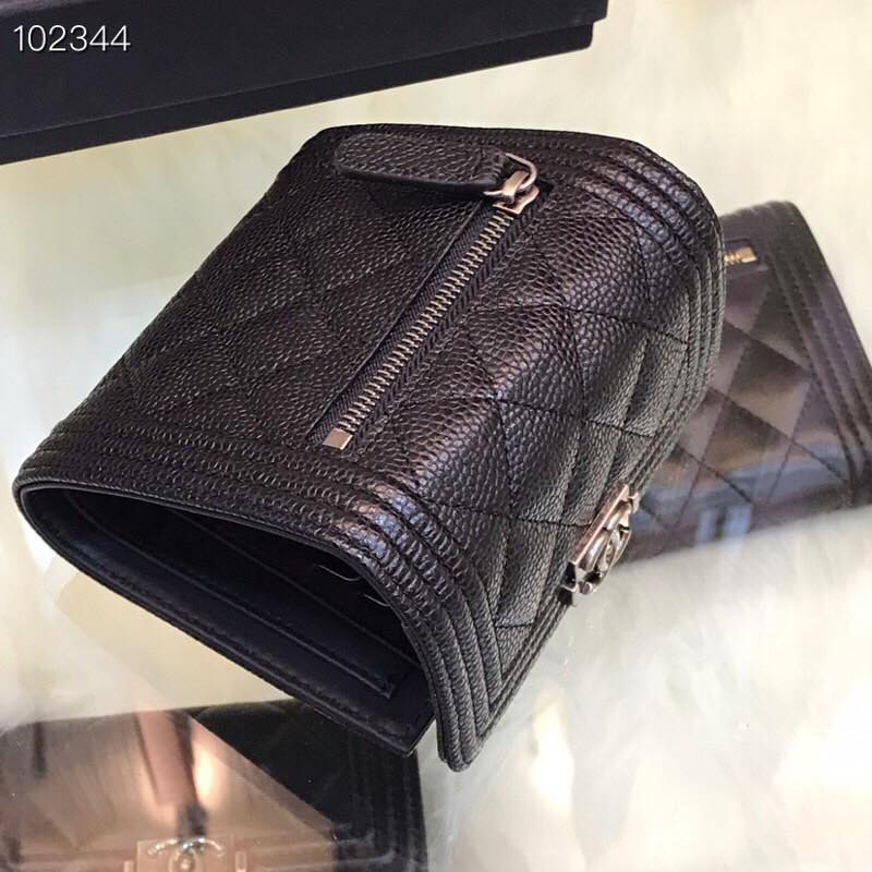 [TOP] CHANEL Boy Trifold Wallet Caviar Skin - Black & SHW