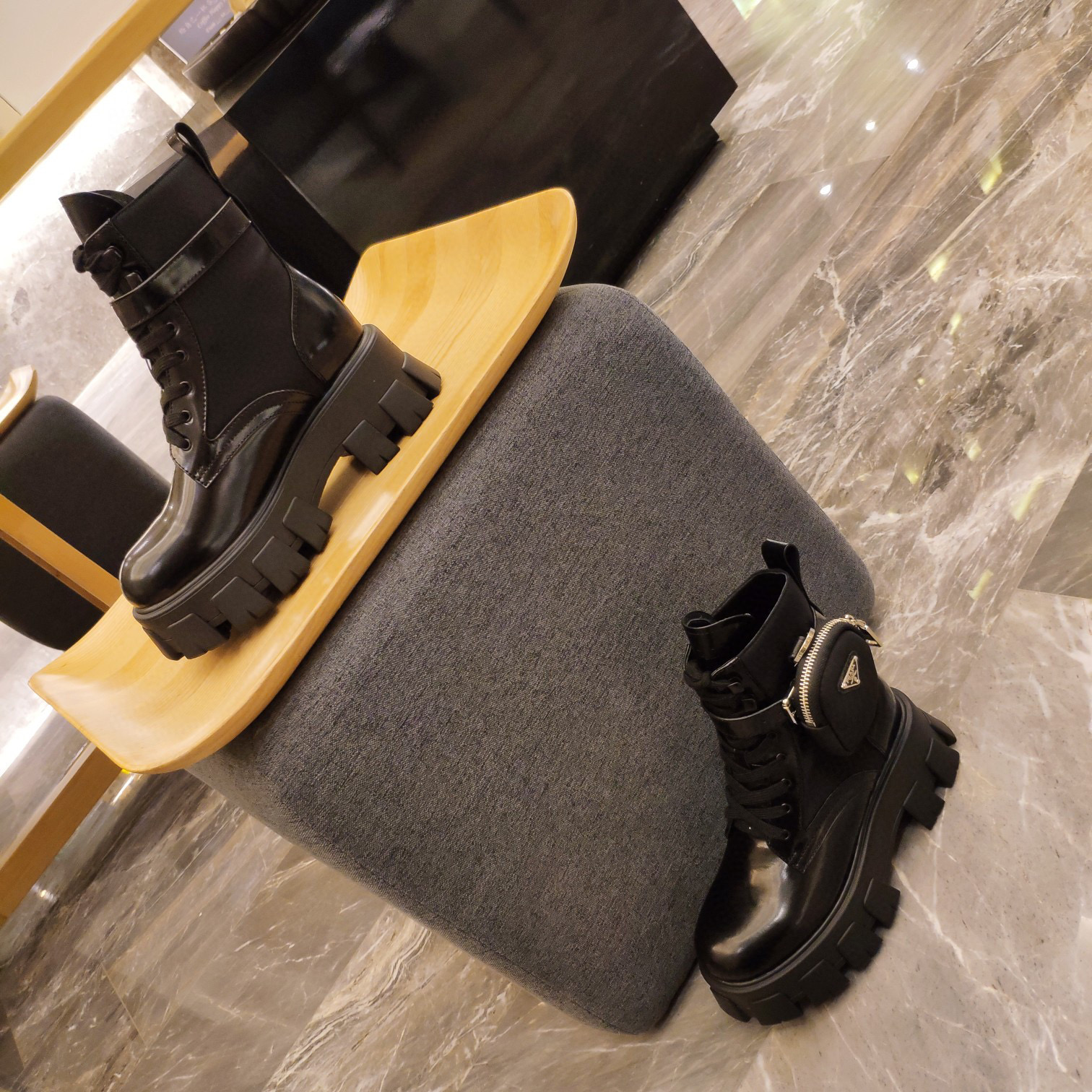 [TOP] PRADA Monolith Patent Leather and Nylon Ankle Boots With Small Bas - Black