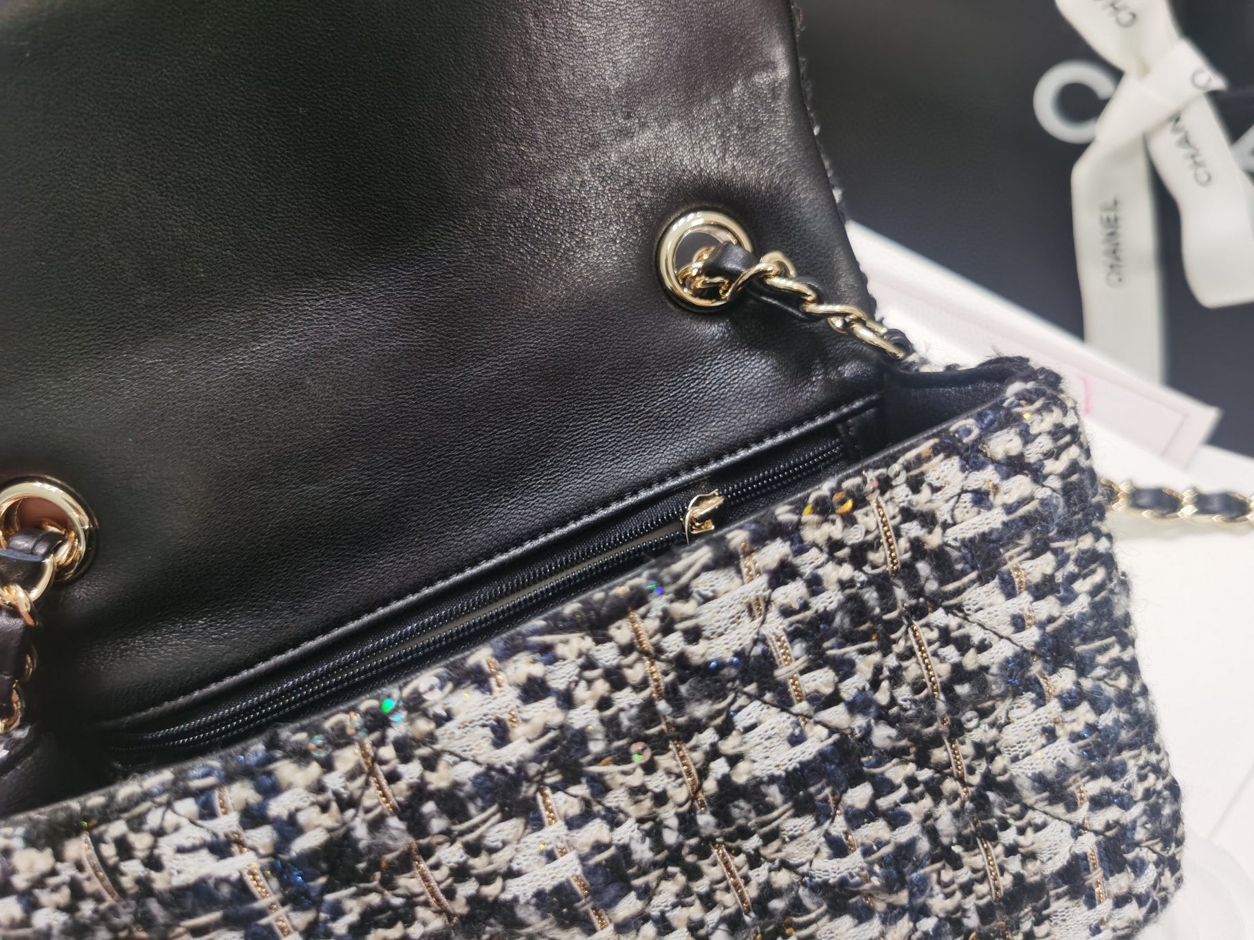 [TOP] CHANEL Classic Flab Glittered-Tweed & GHW Mini 20cm - Navy Blue, Grey, Silver