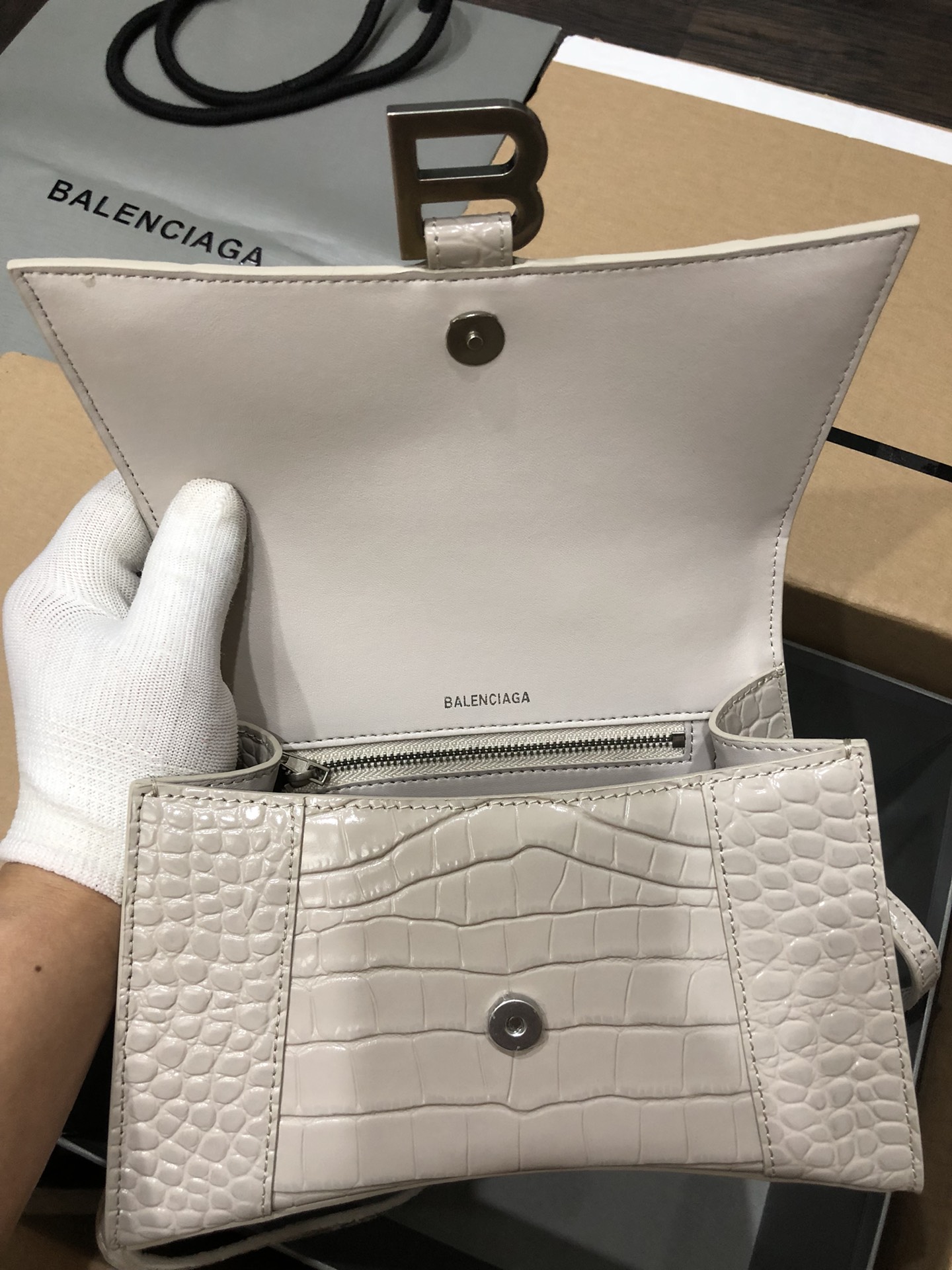 [TOP] BALENCIAGA Crocodile-Print Hourglass Bag 19/23cm - Gray