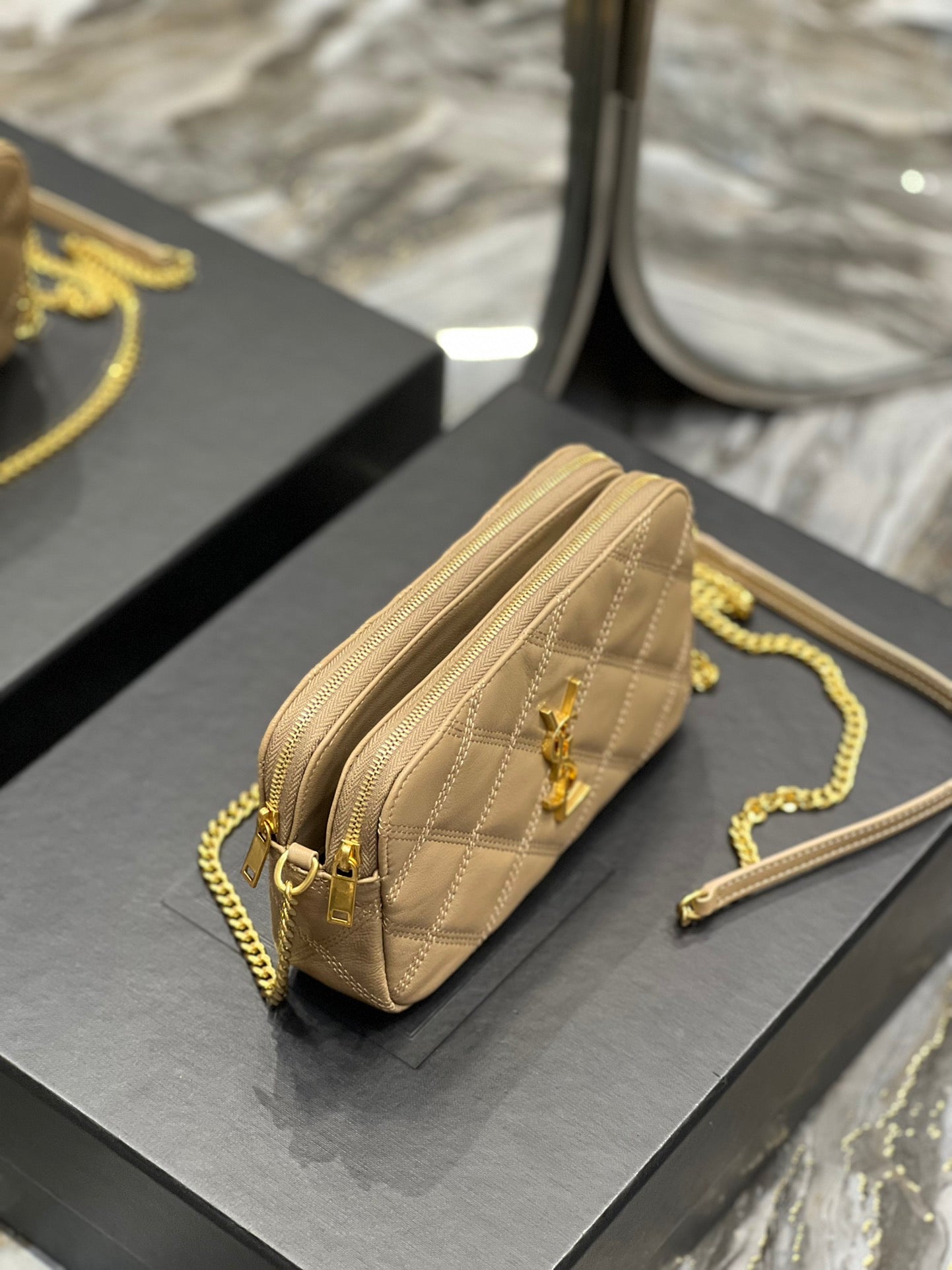 [TOP] Yves Saint Laurent YSL Beckly Double Zip Pouch Bag - Beige GHW