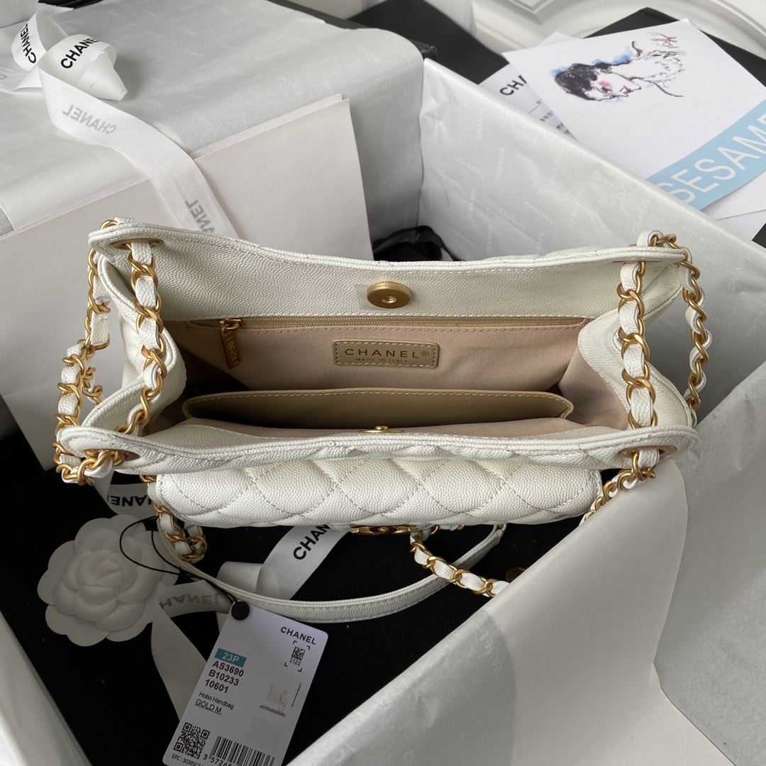 [TOP] CHANEL Hobo Bag 17×19×6cm/21.5×22.5×7cm - GHW - White