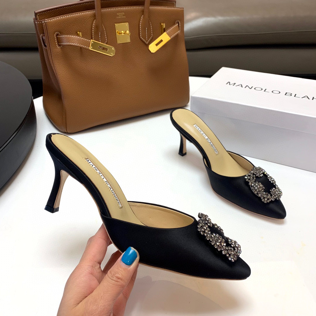 [TOP] Manolo Blahnik HANGISI Satin Crystal Sling back Mules - 5 Colours