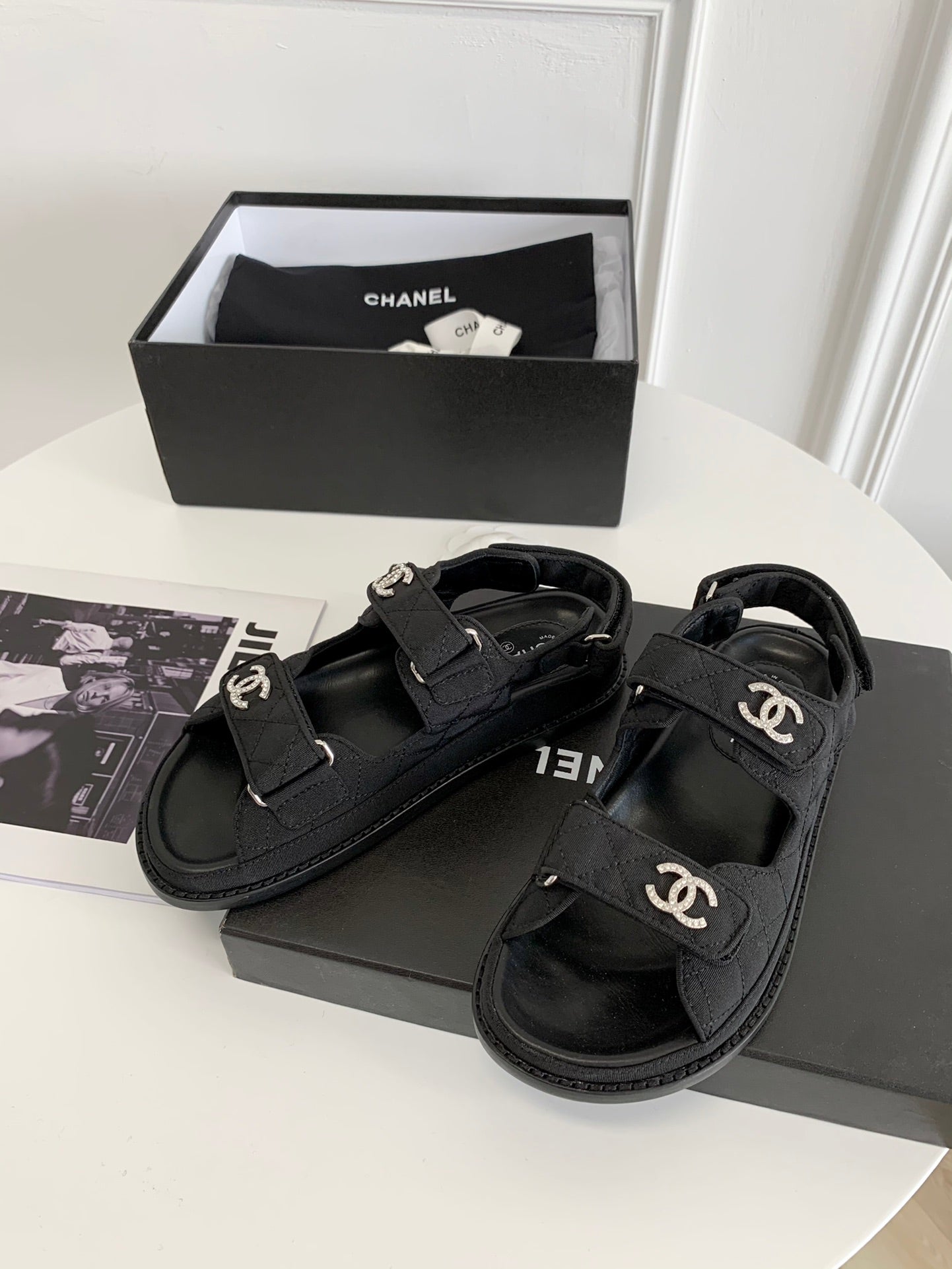 [TOP] CHANEL Dad Sandals Canvas Strappy Stones Logo - Black