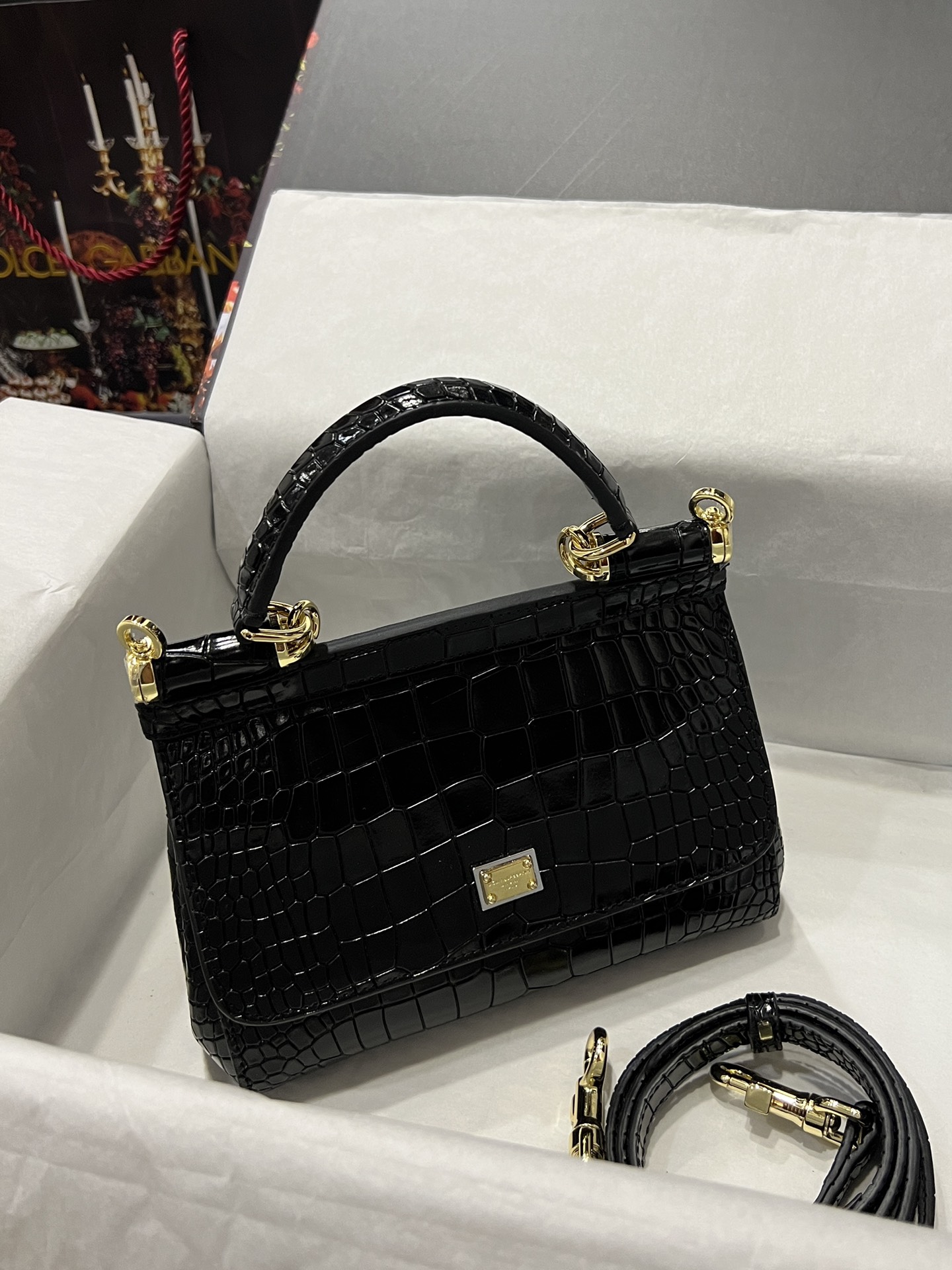 [TOP] Dolce & Gabbana D&G Crocodile-print Calfskin Handbag 20cm/25cm -  Black