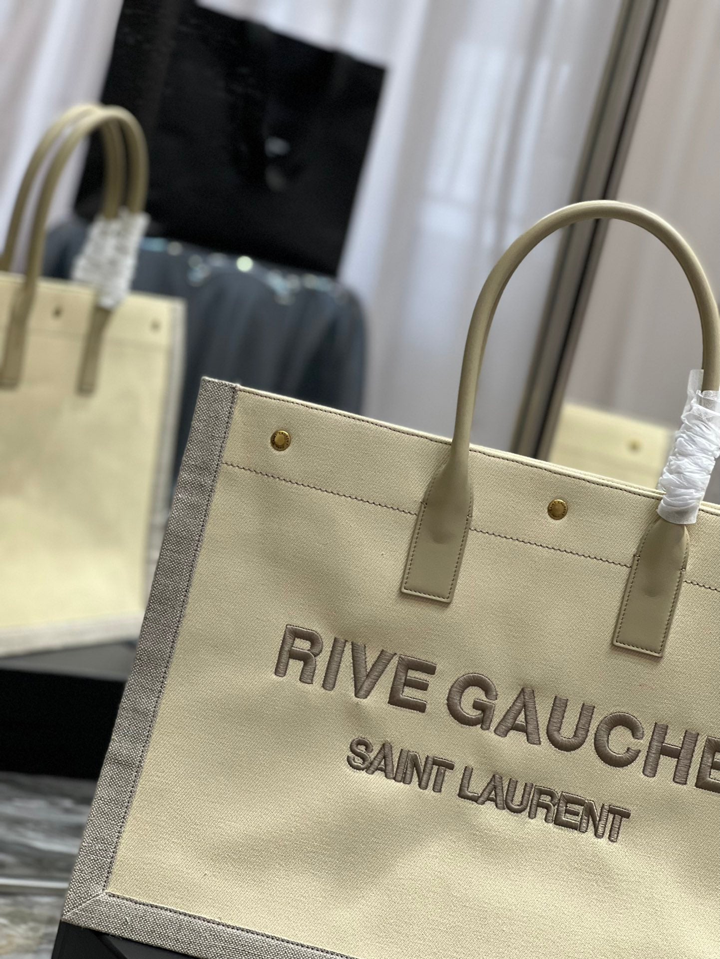 [TOP] Yves Saint Laurent YSL Rive Gauche Canvas Embroidery Tote Bag - Tan