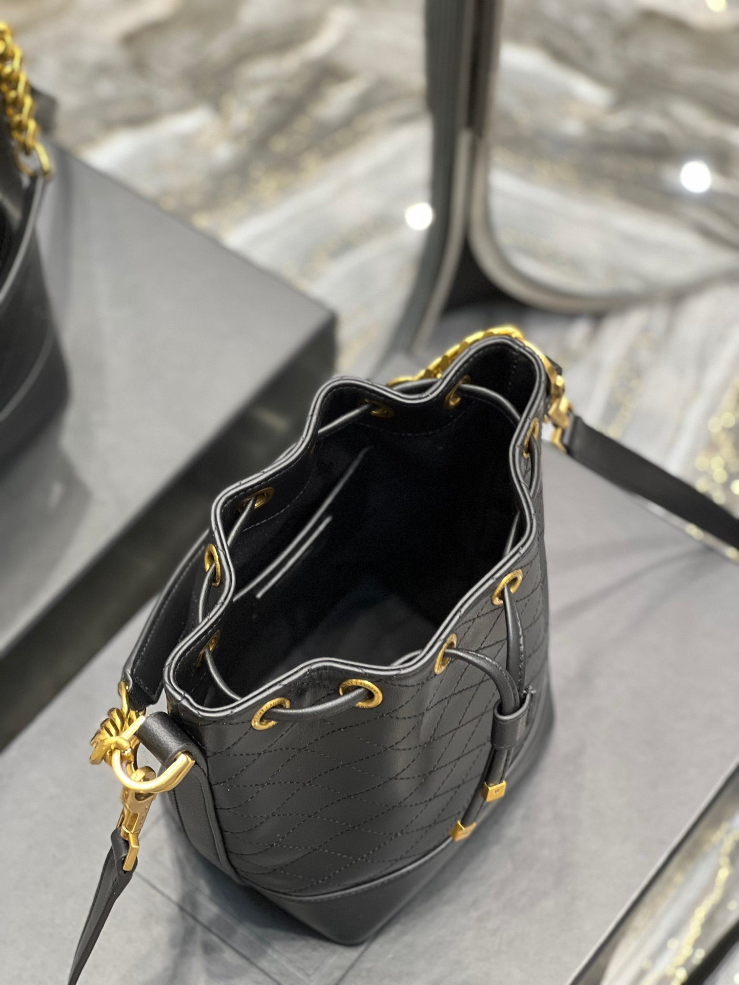 [TOP] Yves Saint Laurent YSL Emmanuelle Small Quilted Lambskin Bucket Bag - Black