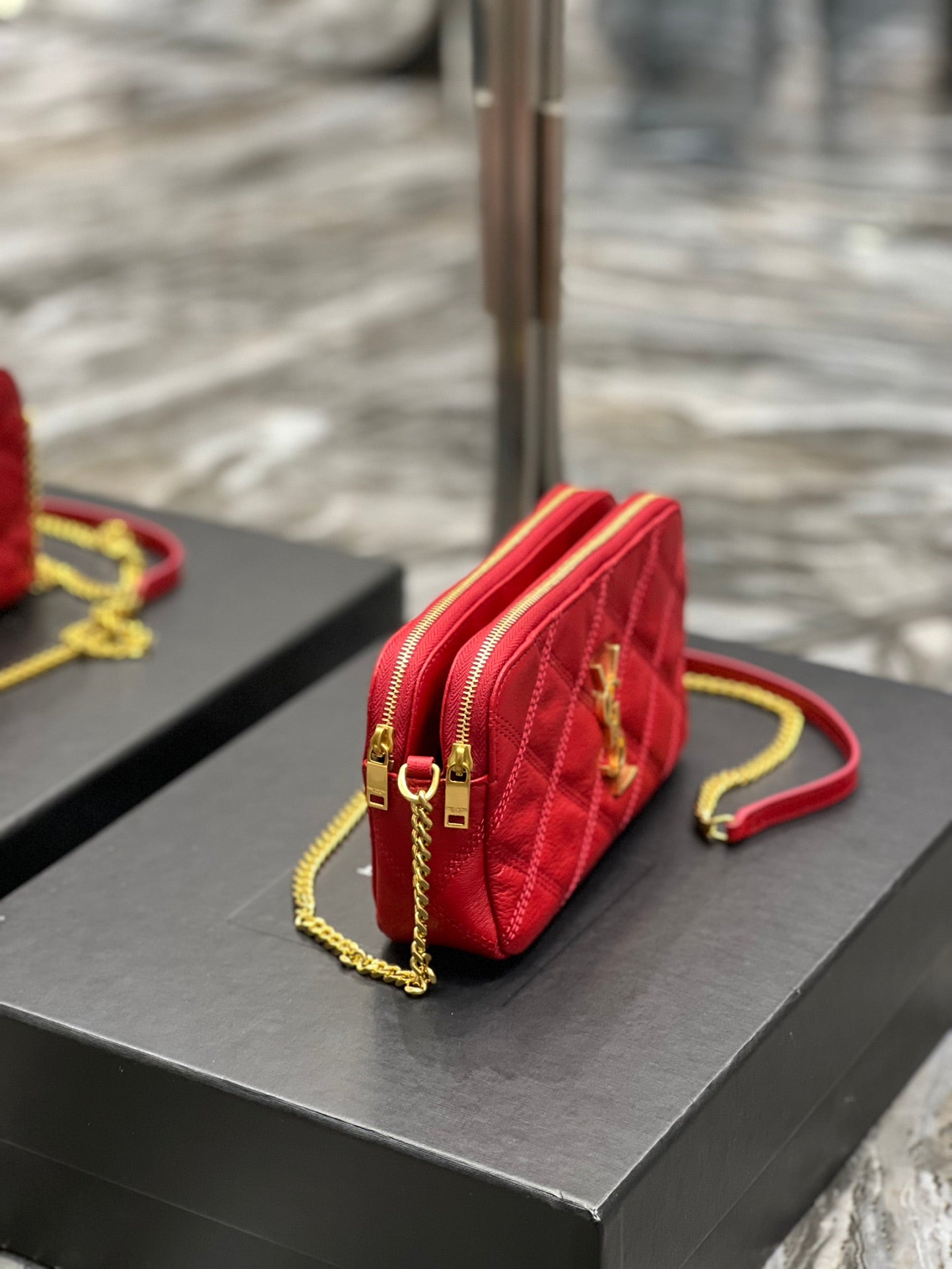 [TOP] Yves Saint Laurent YSL Beckly Double Zip Pouch Bag - Red GHW