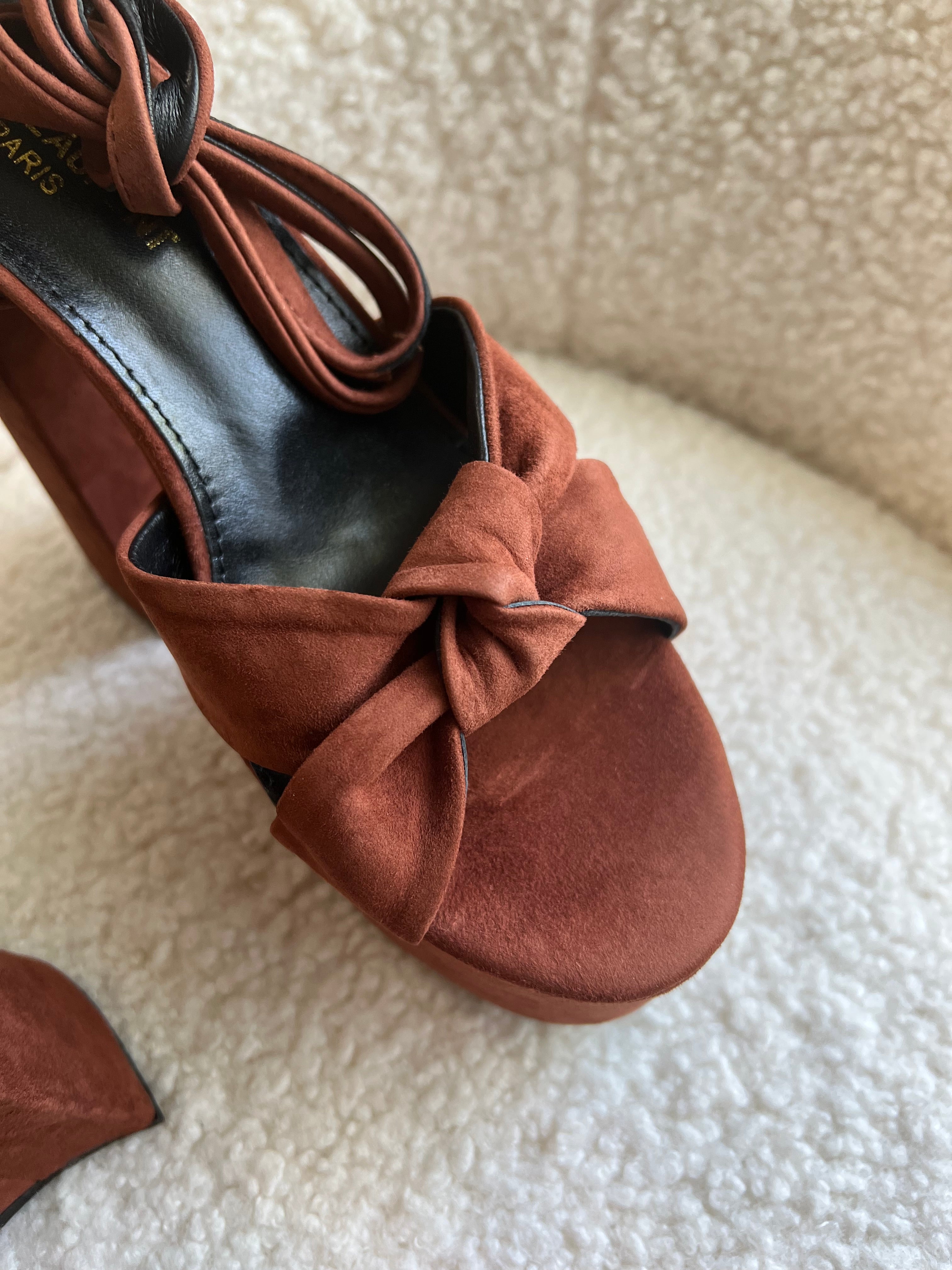 [TOP] Yves Saint Laurent YSL Suede Platform High Heels - Brown