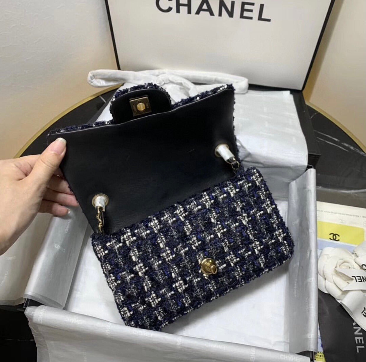 [TOP] CHANEL Classic Flab Bag Tweed Mini 20cm - Black & GHW
