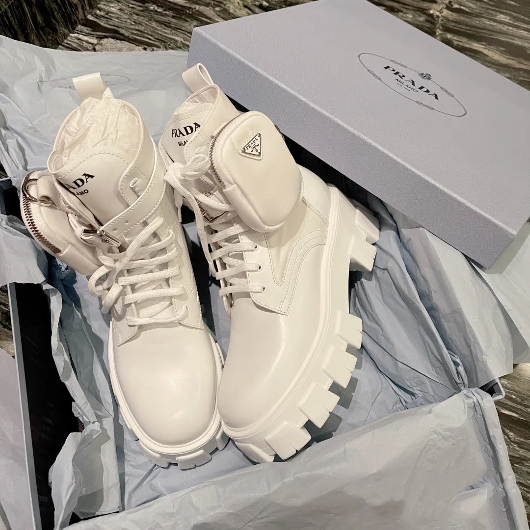 [TOP] PRADA Monolith Leather and Nylon Ankle Boots - White