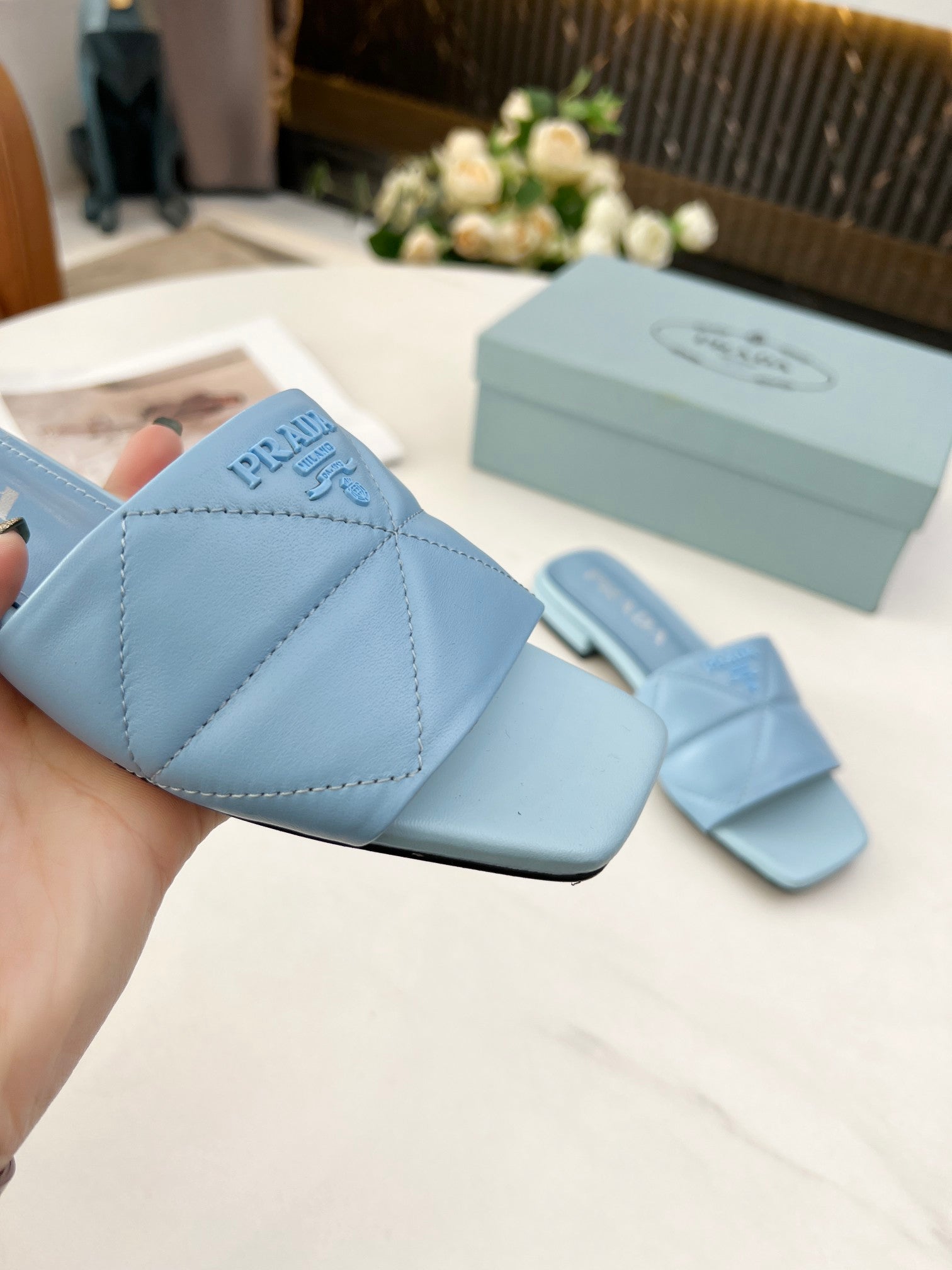 [TOP] PRADA Celeste Quilted Nappa Sandals -