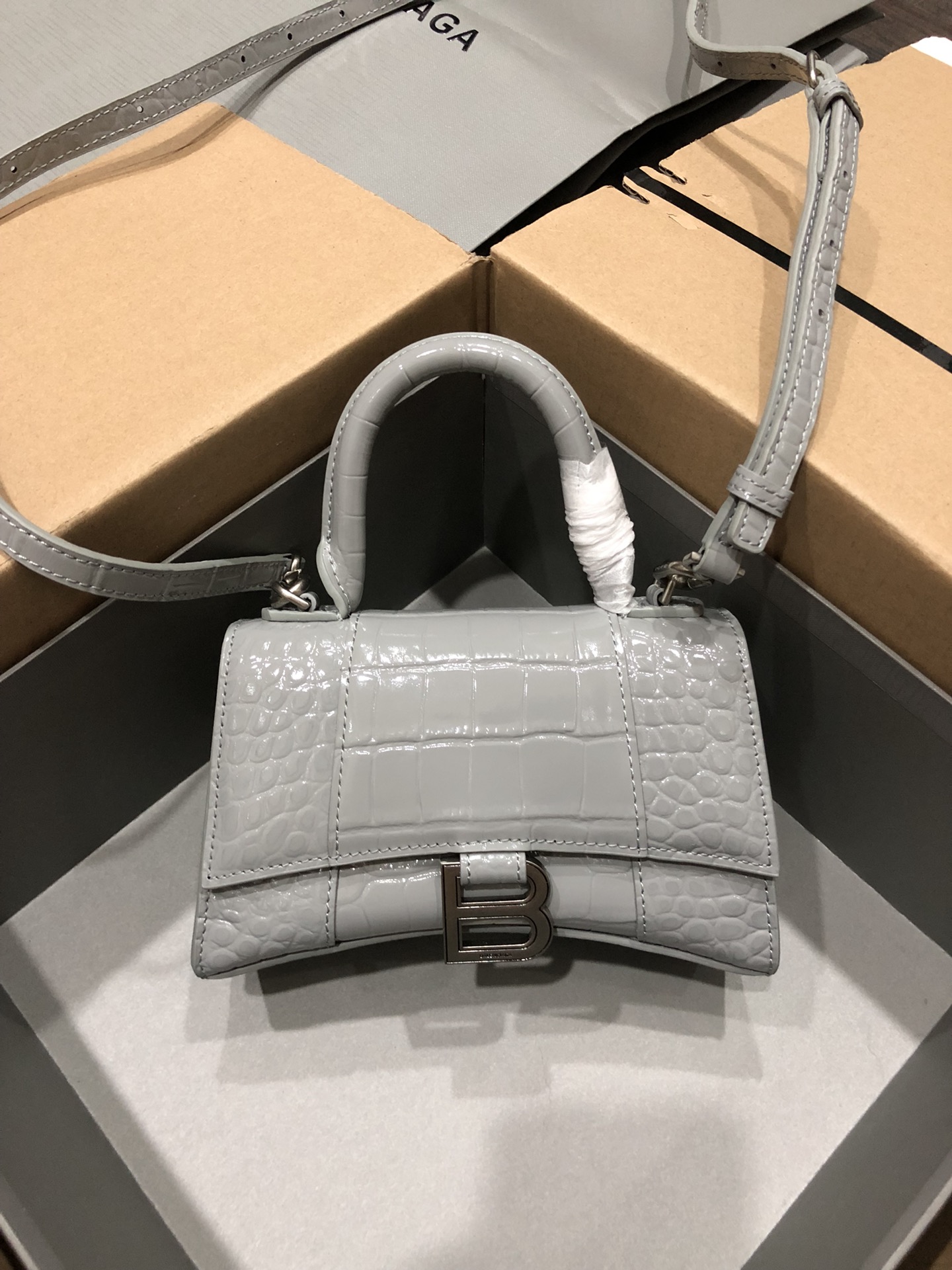 [TOP] BALENCIAGA Crocodile-Print Hourglass Bag 19/23cm - Gray