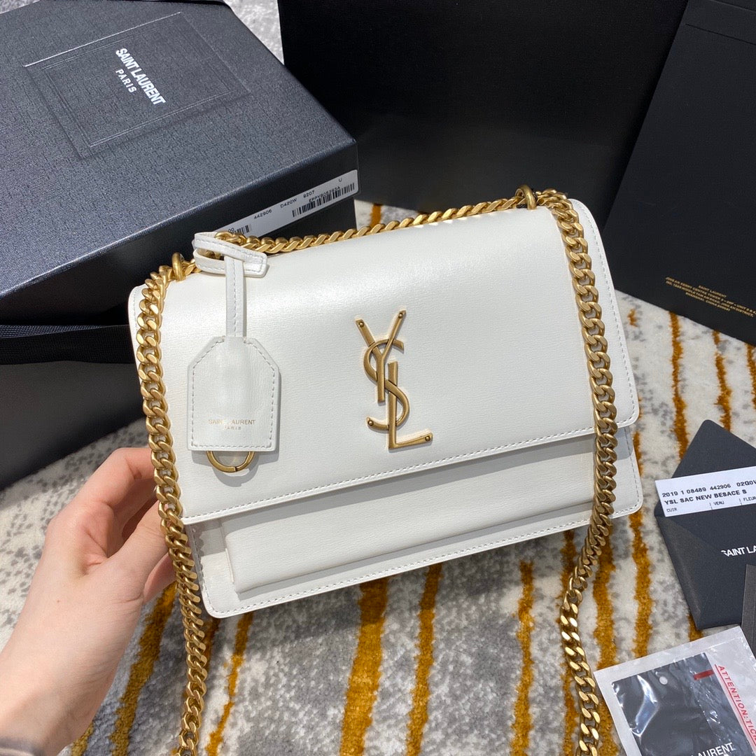 [TOP] Yves Saint Laurent YSL Sunset Metallic Small Bag - White GHW