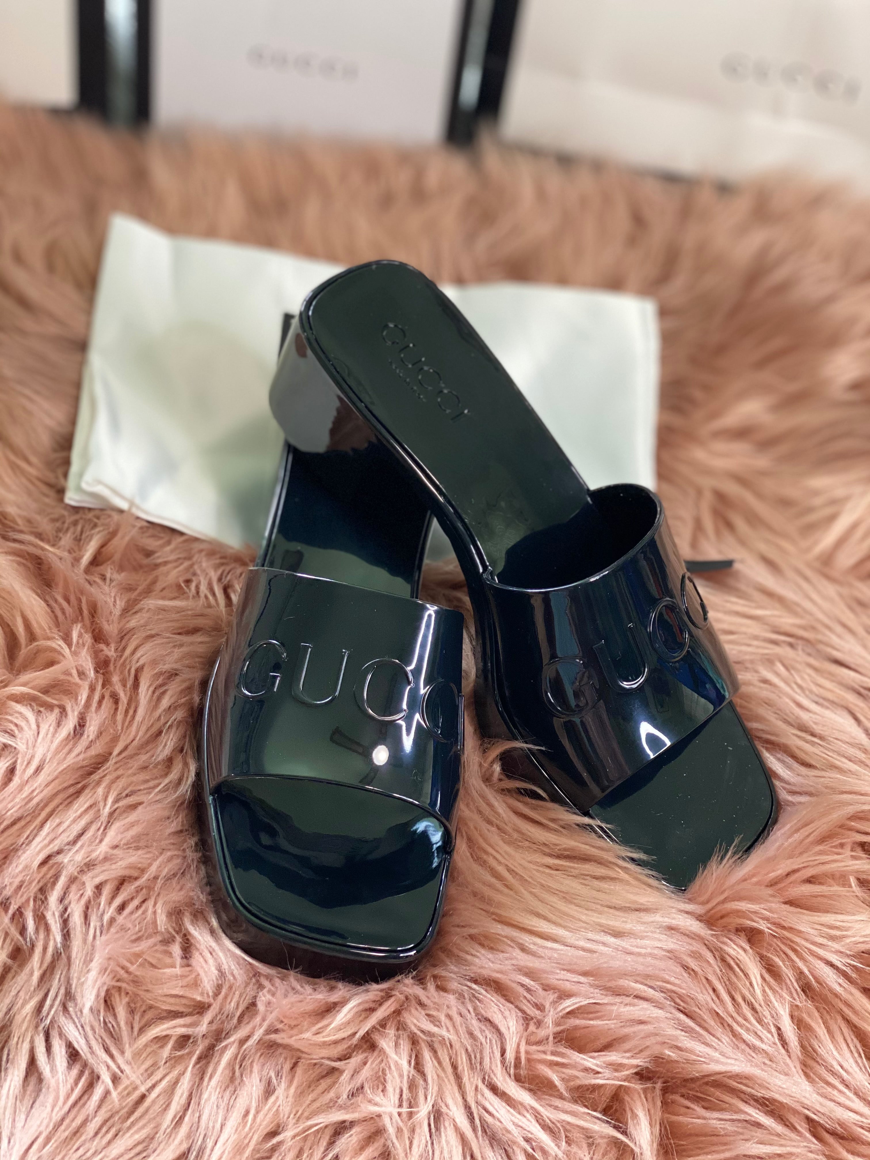 [TOP] GUCCI GG Logo Embossed Rubber Mules - Black