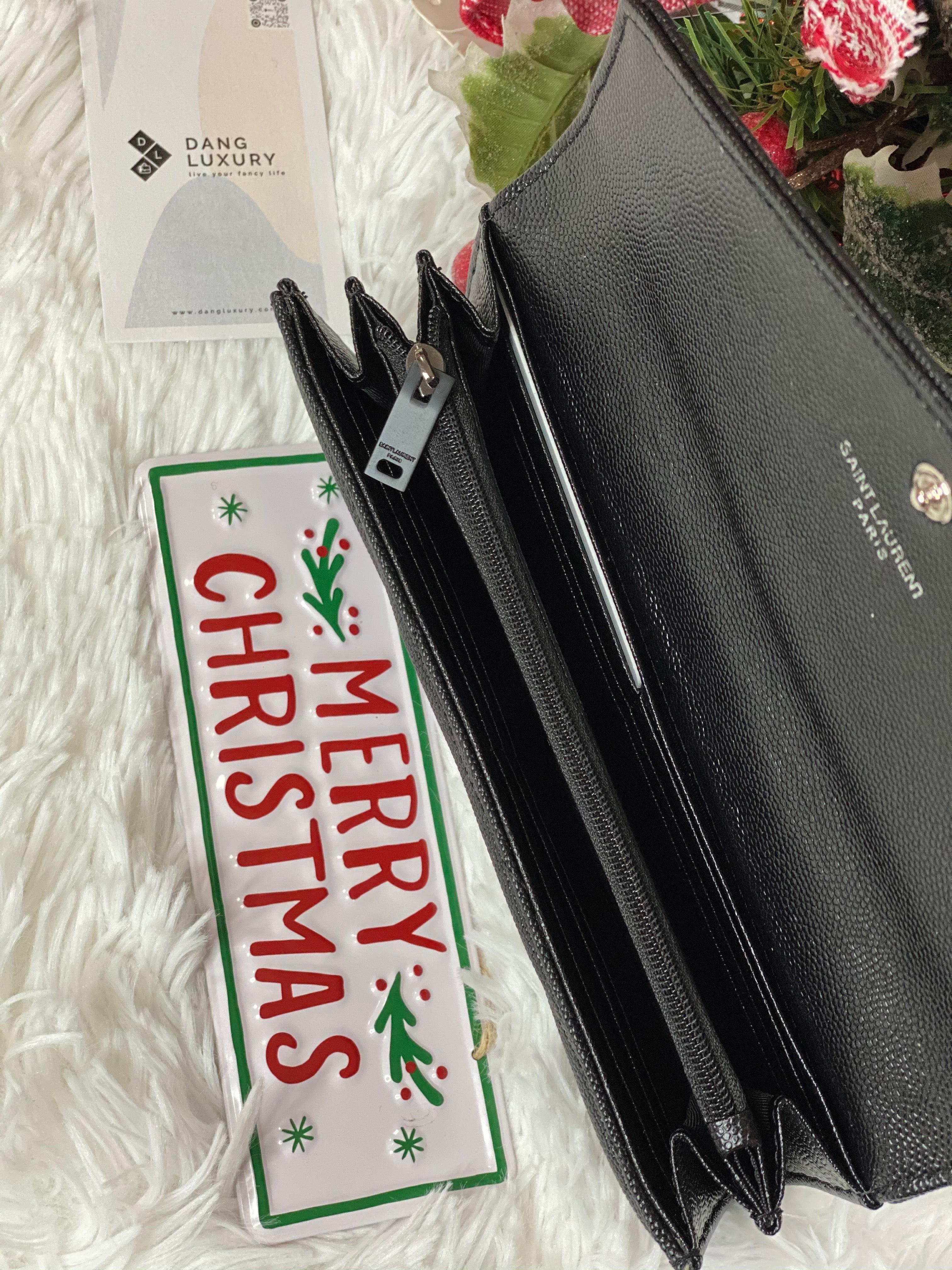 [TOP] Yves Saint Laurent YSL Black YSL Chevron Quilted Grained Leather Metalsse Wallet - ALL BLACK