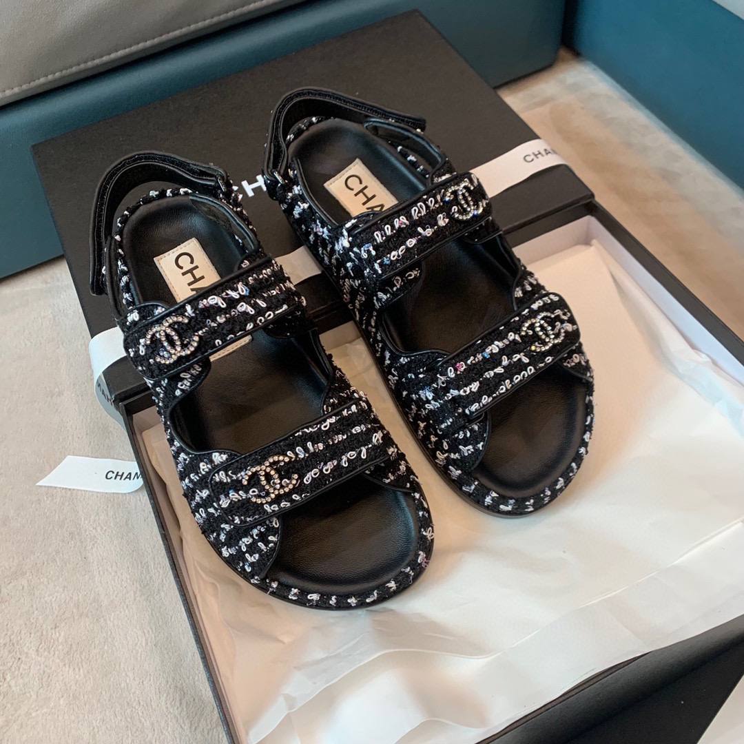 [TOP] CHANEL Dad Sandals Tweed  Stones Double C - Black and White