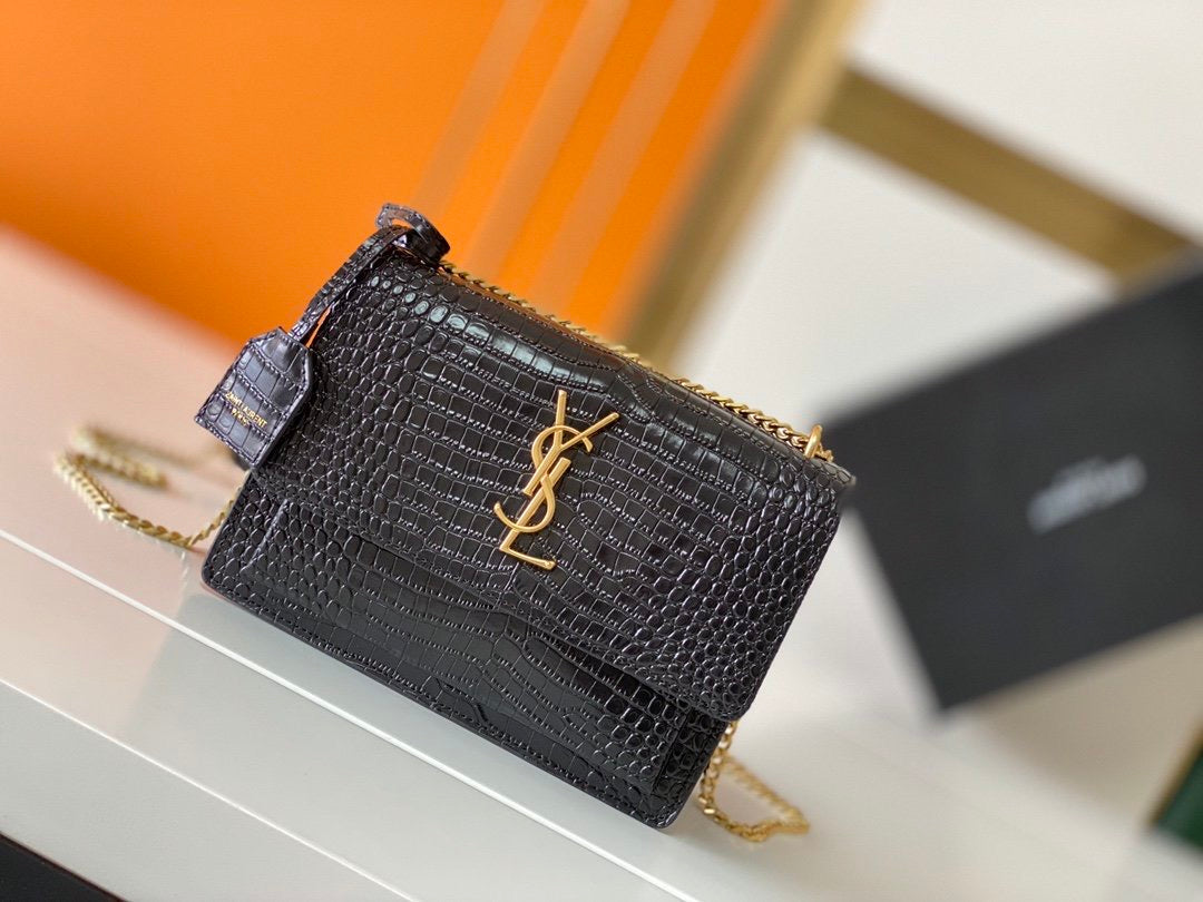 [TOP] Yves Saint Laurent YSL Small Monogram Sunset Croc Embossed Leather Bag - Black w GHW