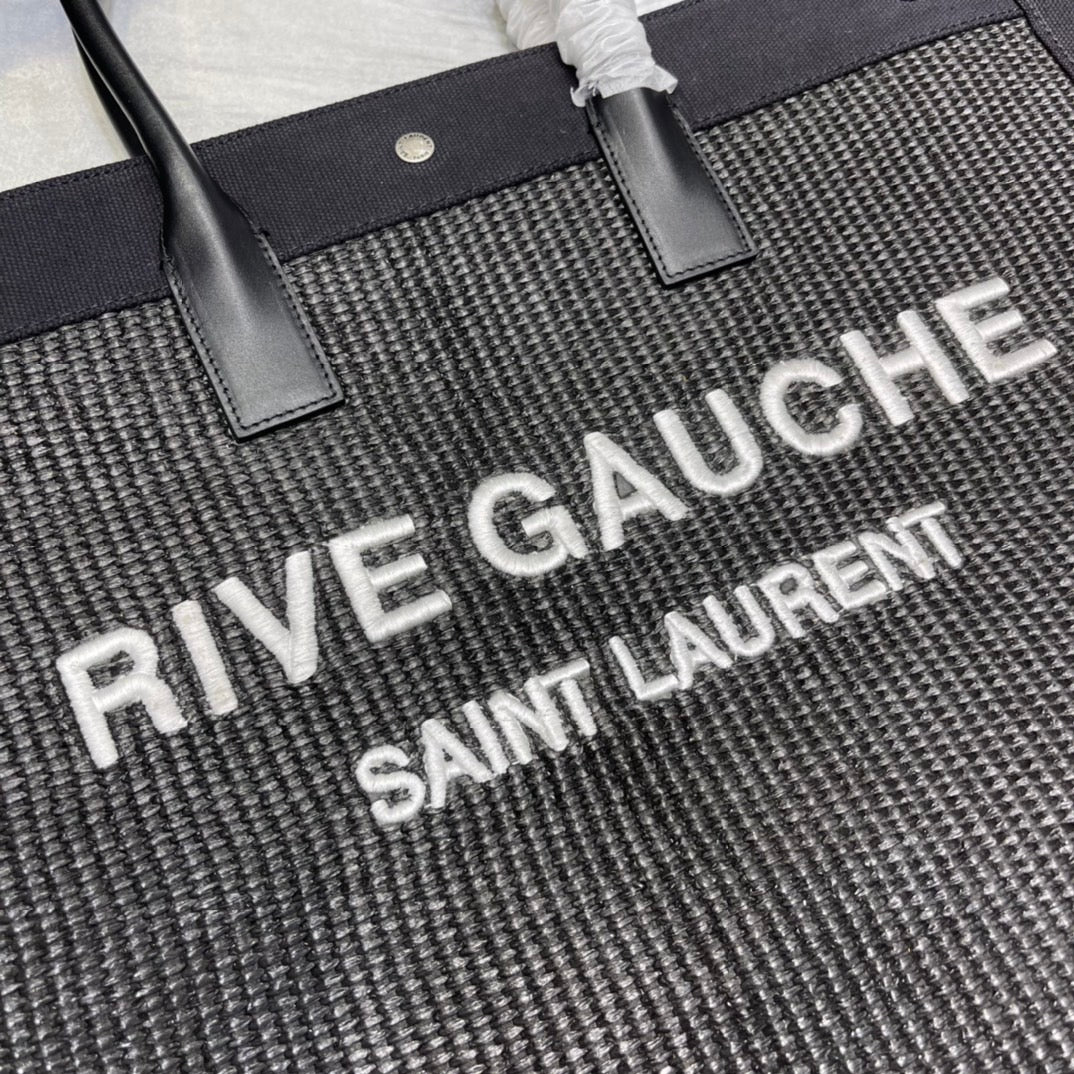 [TOP] Yves Saint Laurent YSL Rive Gauche Straw Tote Bag - Black