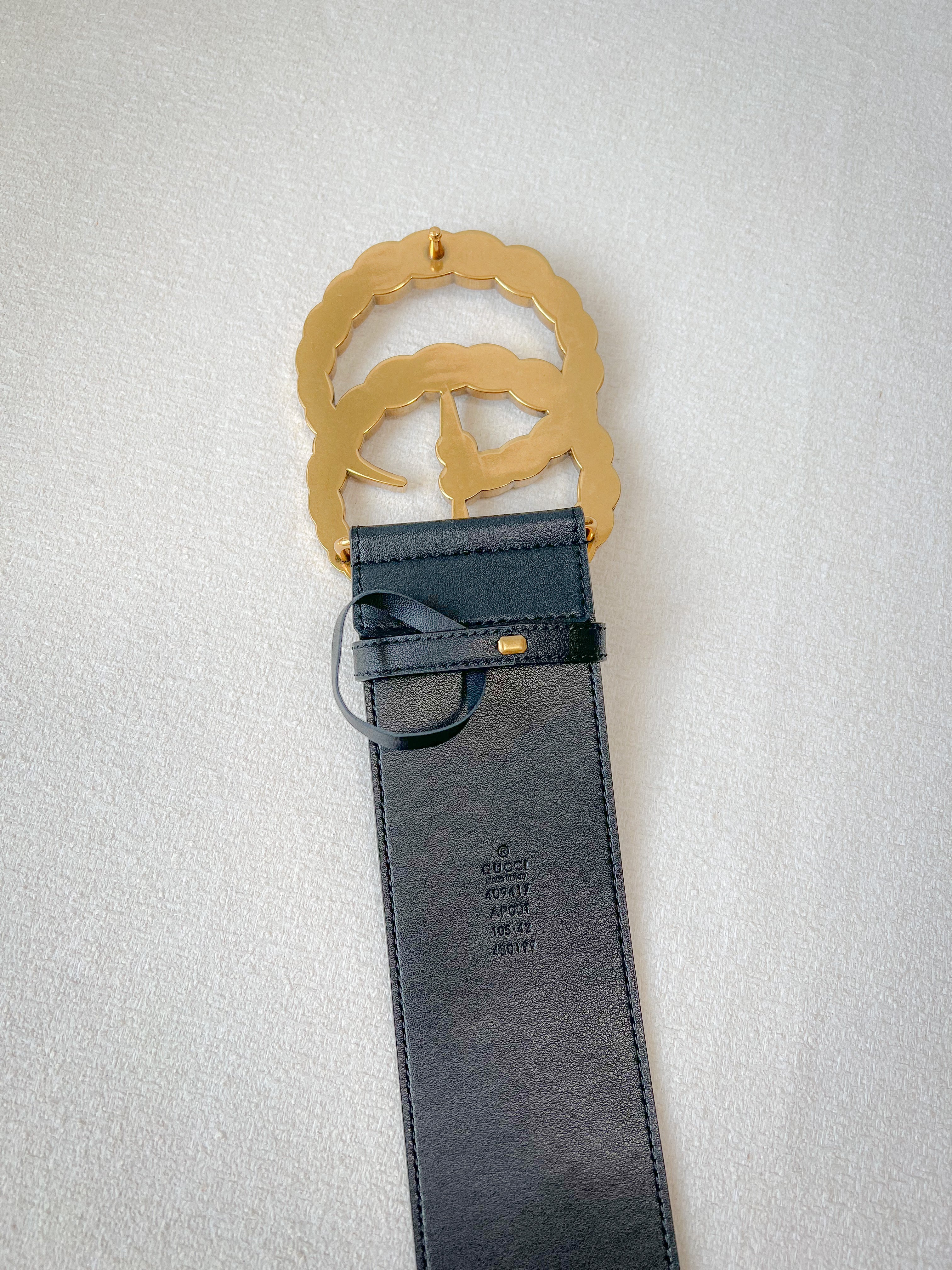 [TOP] GUCCI Leather Belt w Crystal Double G Buckle  - Black