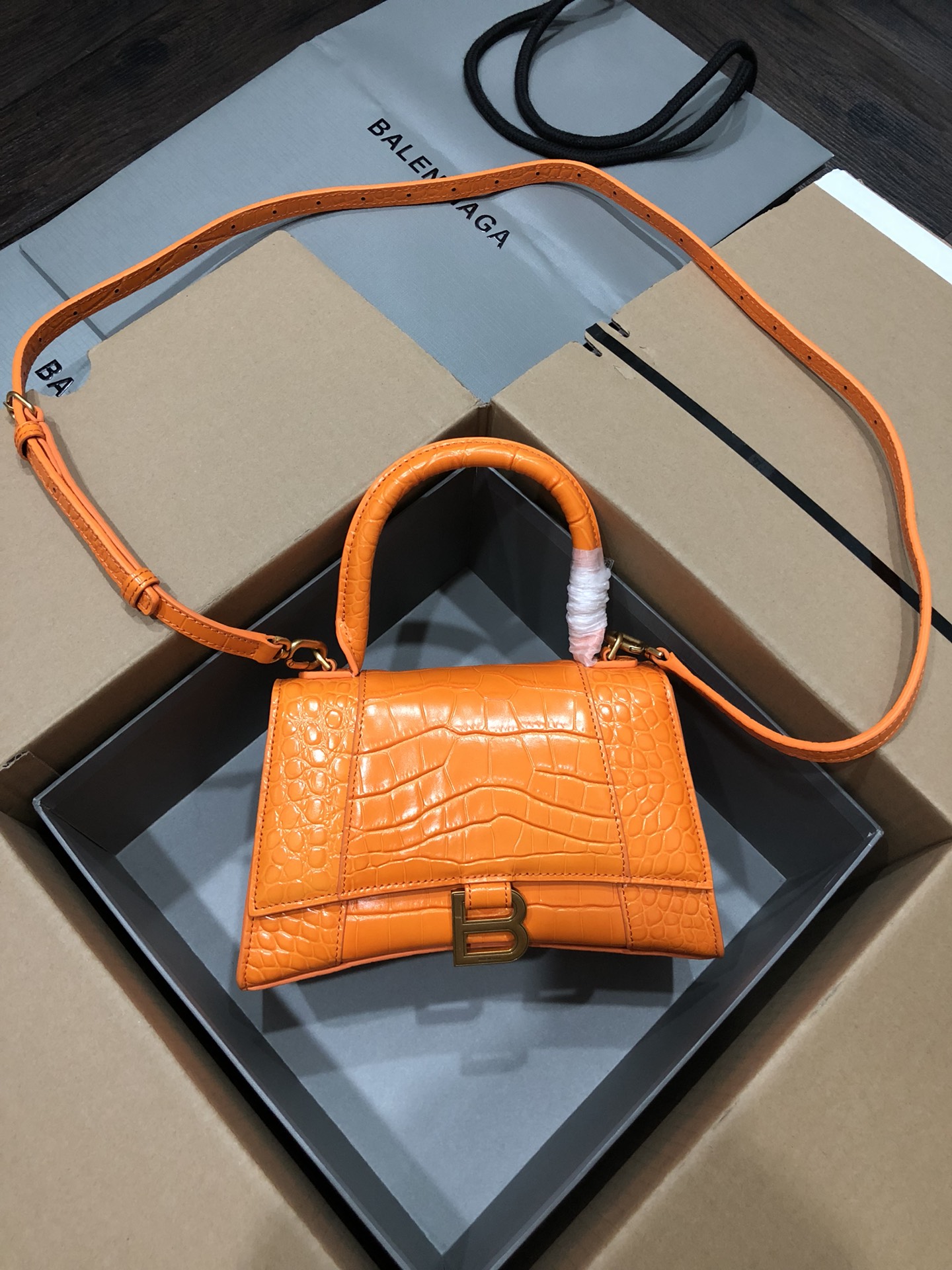 [TOP] BALENCIAGA Crocodile-Print Hourglass Bag 19/23cm - Orange