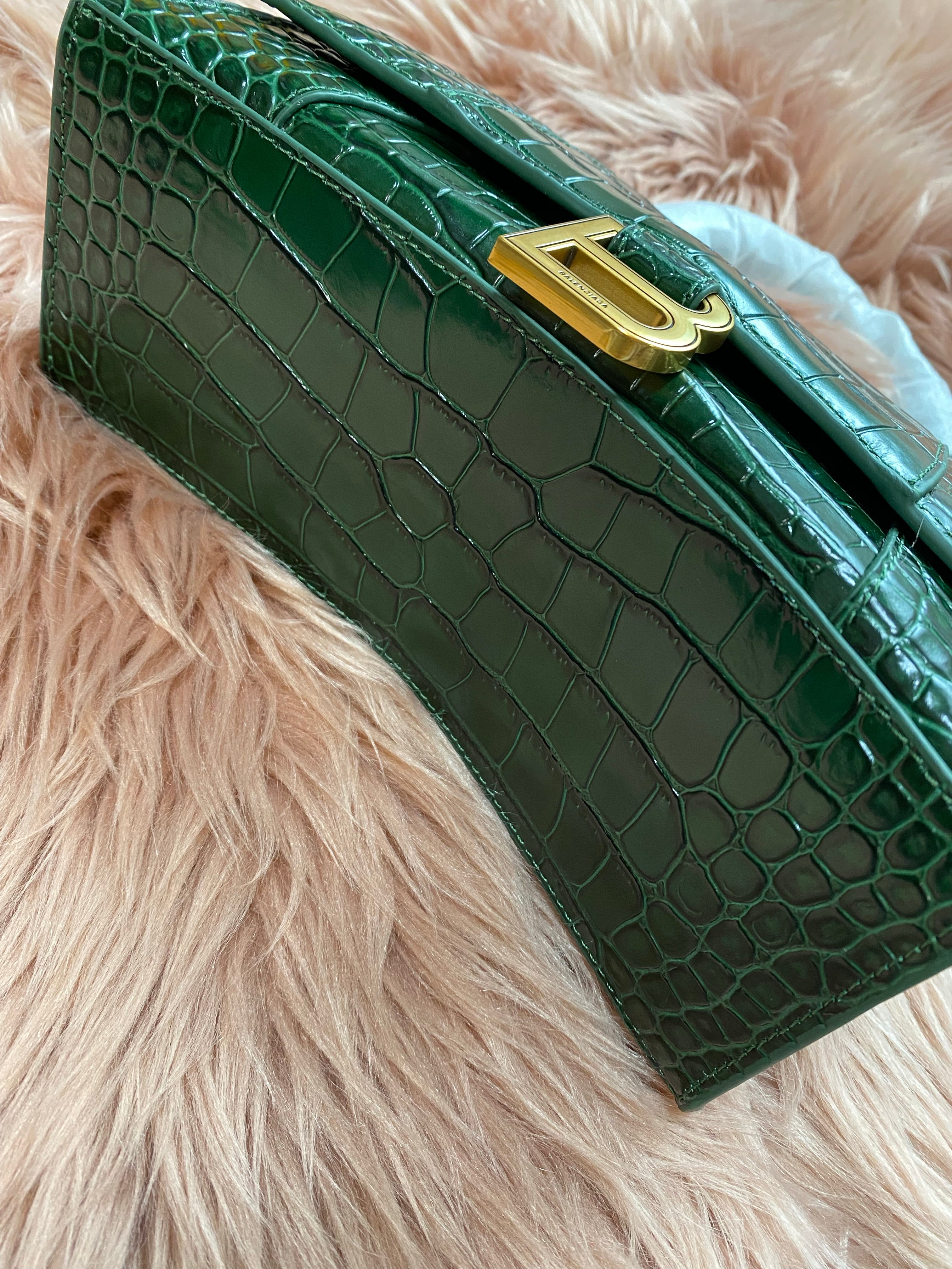 [TOP] BALENCIAGA Hourglass Small Crocodile-Effect Small Bag 23x14x10cm - Green