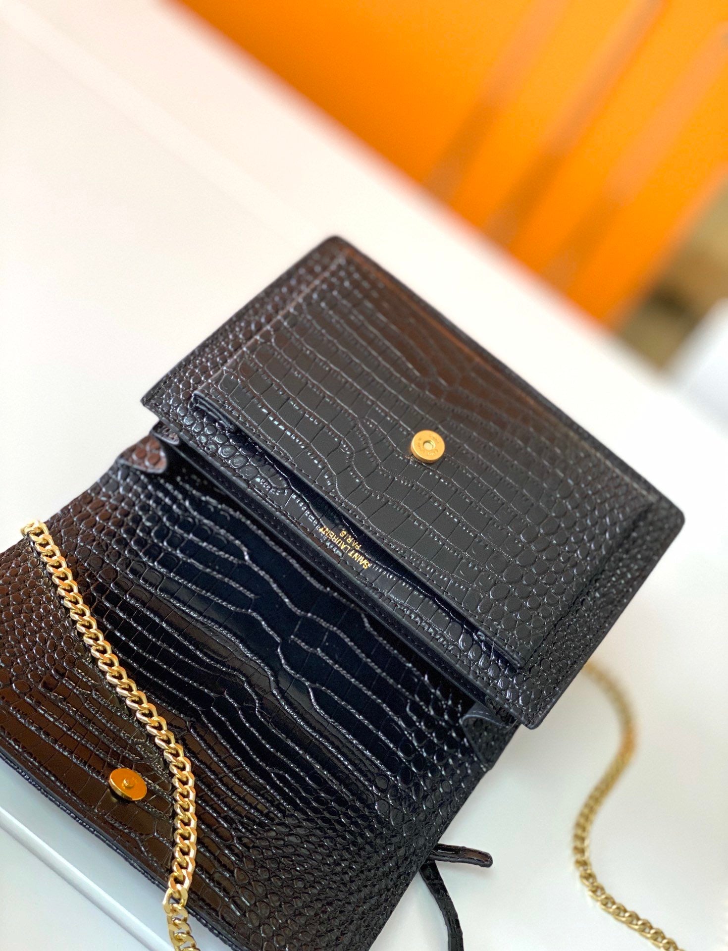 [TOP] Yves Saint Laurent YSL Small Monogram Sunset Croc Embossed Leather Bag - Black w GHW