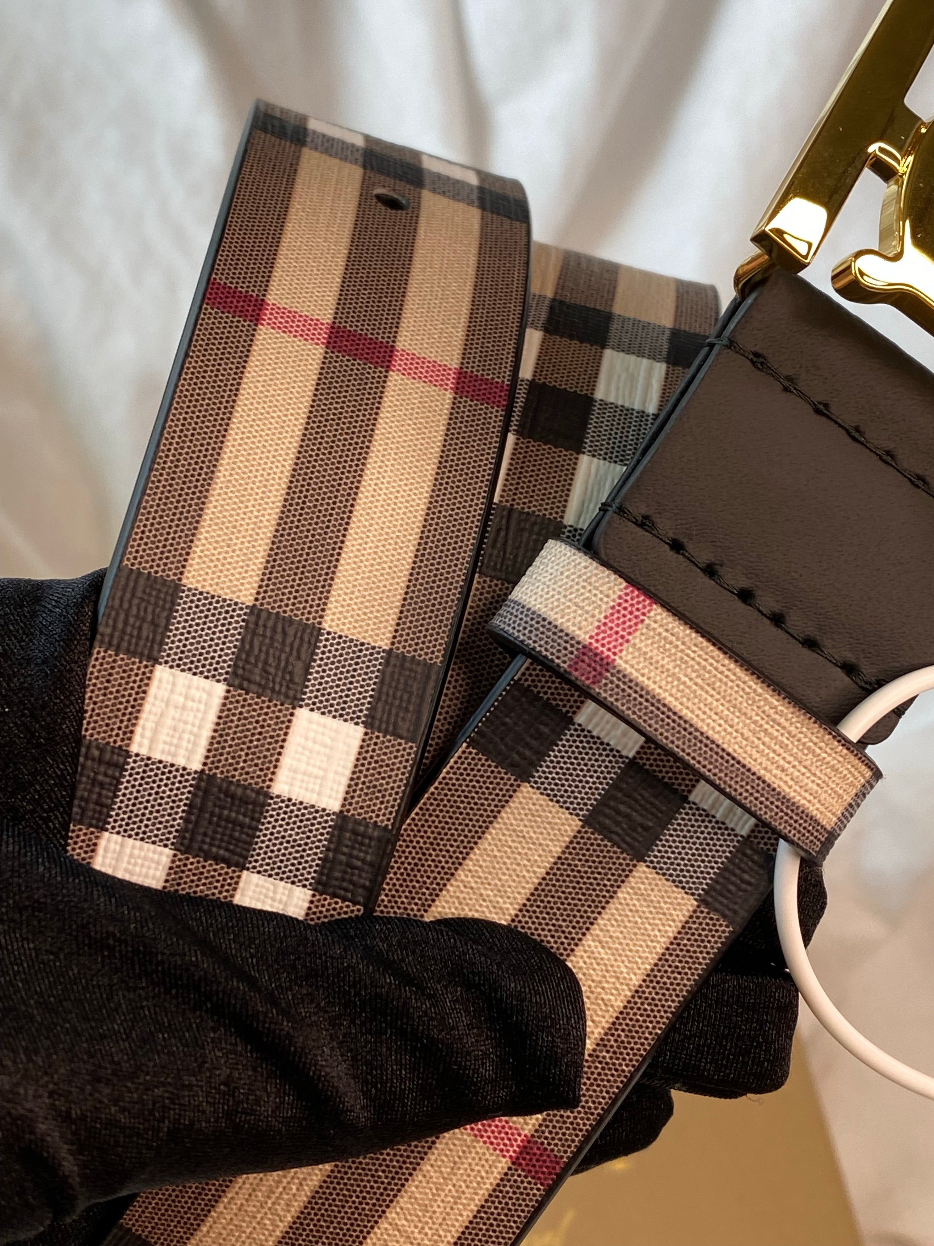 T0ry Burch Check Leather Trim Belt - Black