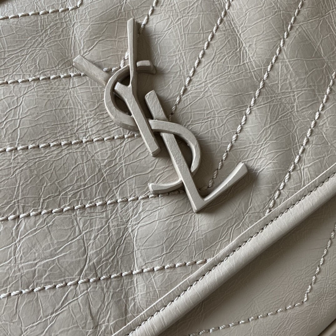 [Top] Yves Saint Laurent YSL Medium Niki Wrinkles Leather Bag 27cm - White