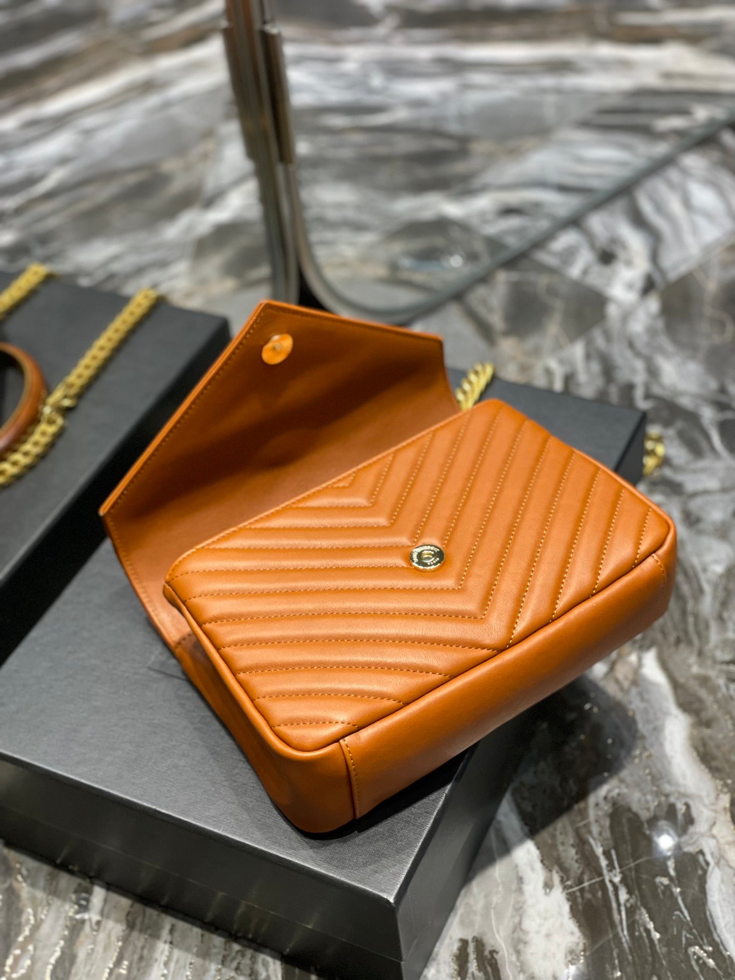 [TOP] Yves Saint Laurent YSL College Wooden Top Handle Leather Small Bag - Brown