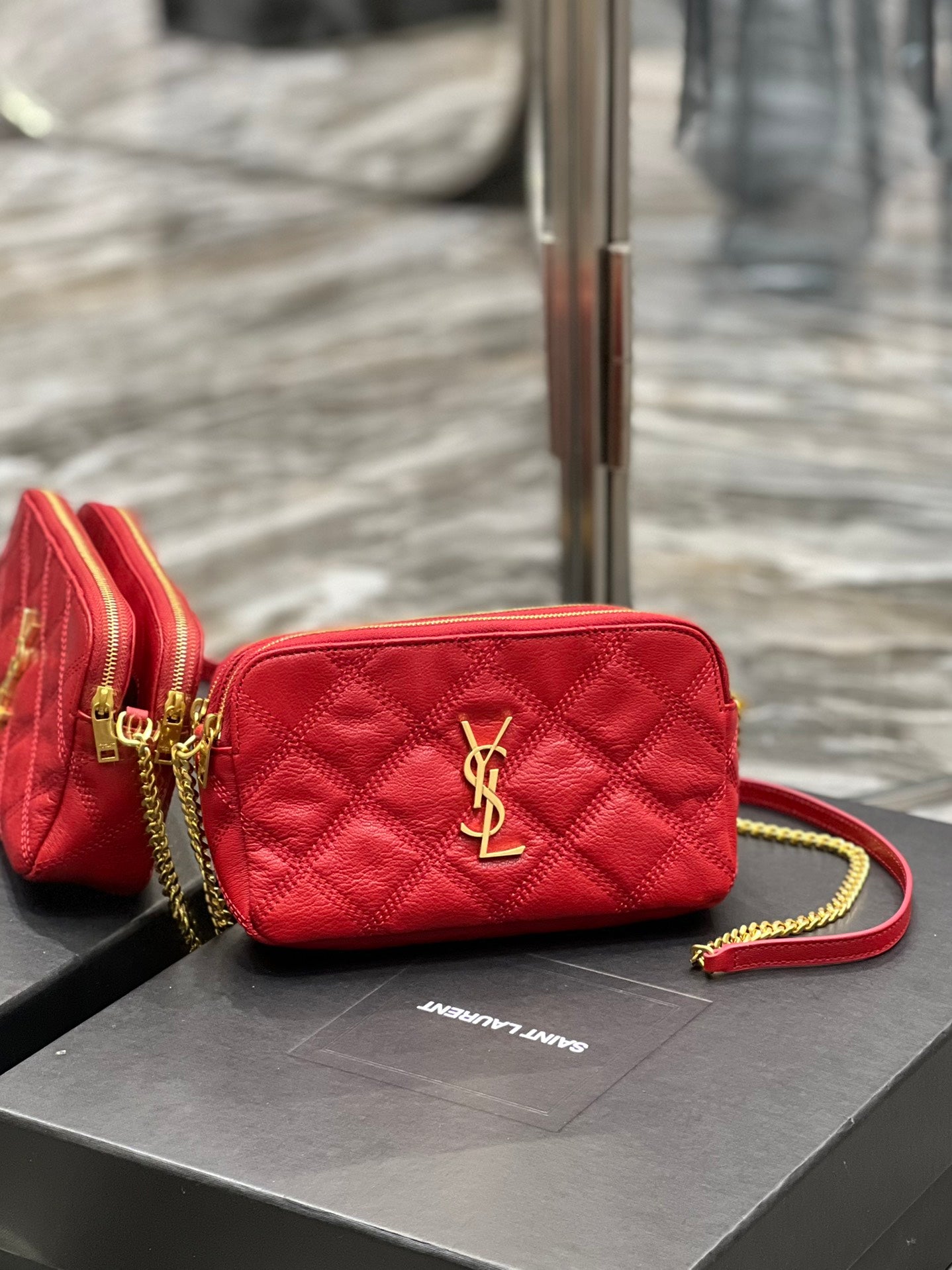 [TOP] Yves Saint Laurent YSL Beckly Double Zip Pouch Bag - Red GHW