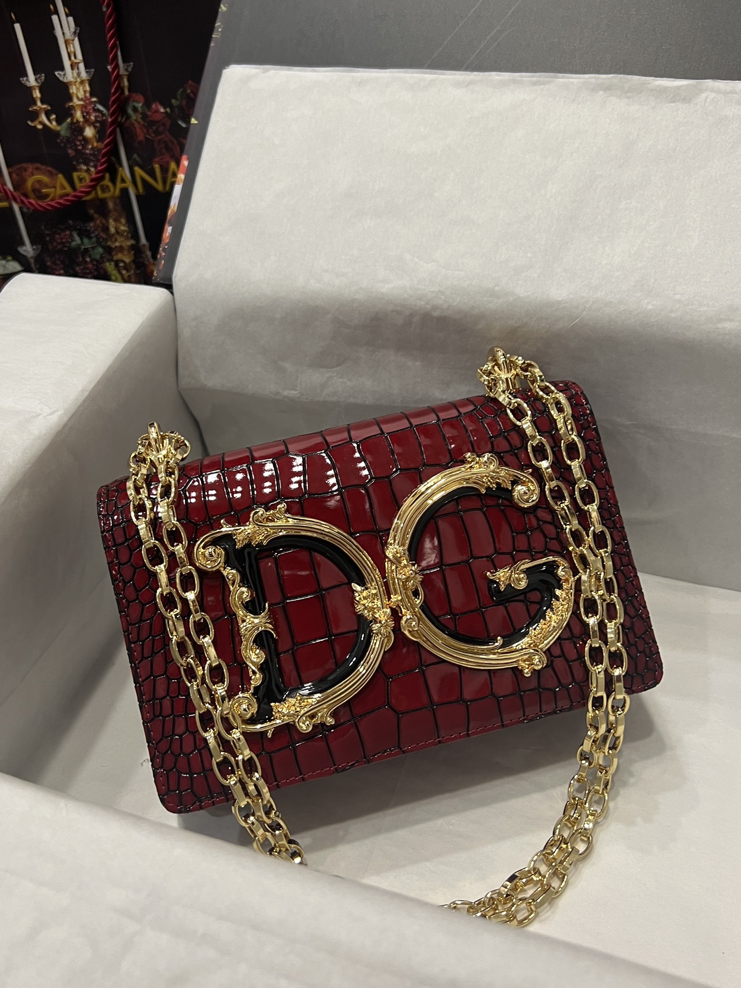 [TOP] Dolce & Gabbana D&G Crocodile-print Calfskin DG Girls Bag 21*4*15 - Red