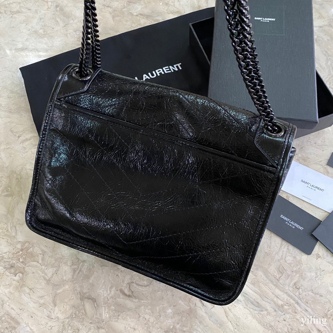 [TOP] Yves Saint Laurent YSL Medium Niki Wrinkles Leather Bag - Black on Black