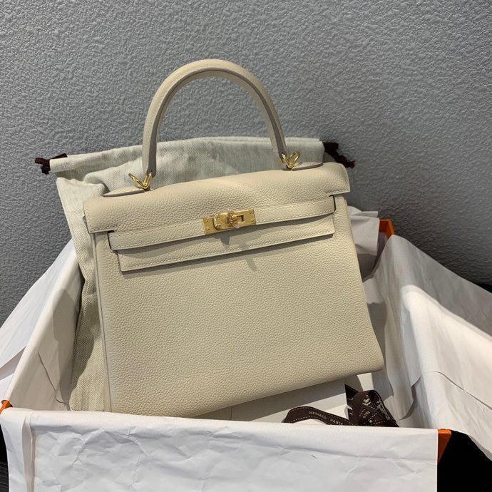 [TOP] HERMES Kelly Togo Leather Bag 25cm - Ivory