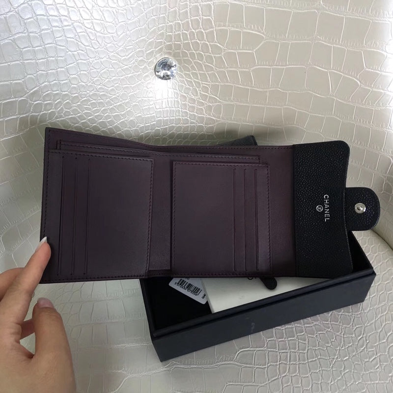 [TOP] CHANEL Trifold Wallet Caviar Skin - Black & SHW