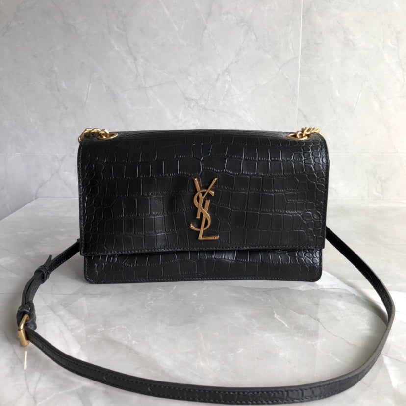 [TOP] Yves Saint Laurent YSL Medium Monogramme Sunset Croc Bag 22x8x16cm - Black