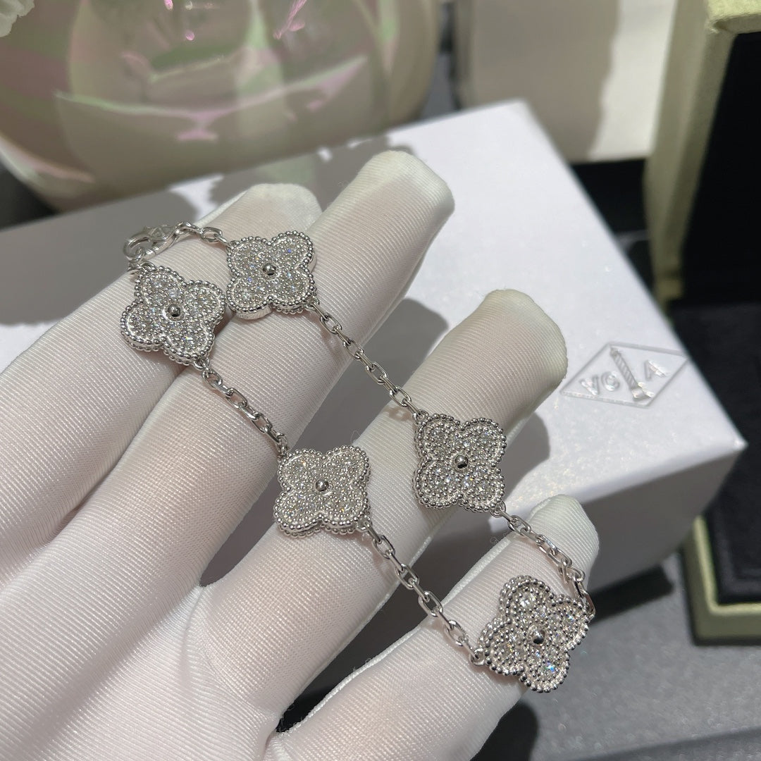 [TOP] Van Cleef & Arpels VCA Alhmabra 5 Motifs Stones Bracelet - Silver