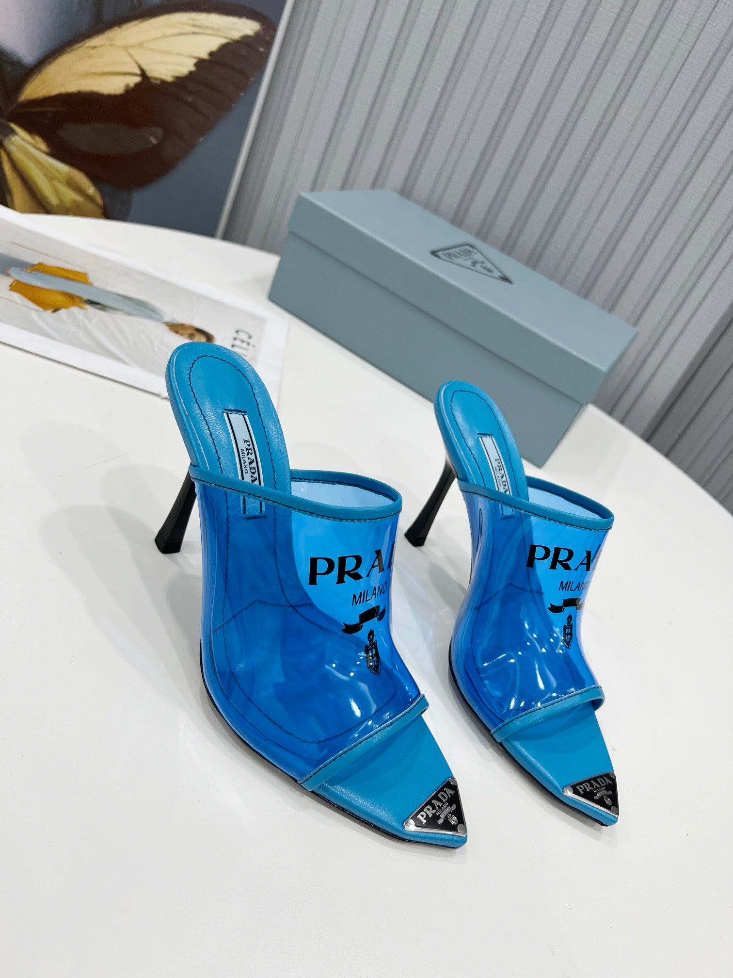 [TOP] PRADA Logo-print Plexiglas High-heel Slides - Blue